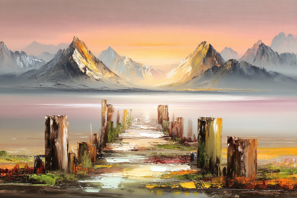 Friedliche Landschaft Mit Sonnenuntergang Holzsteg Und Bergen | Nebel und Wetter | Natur