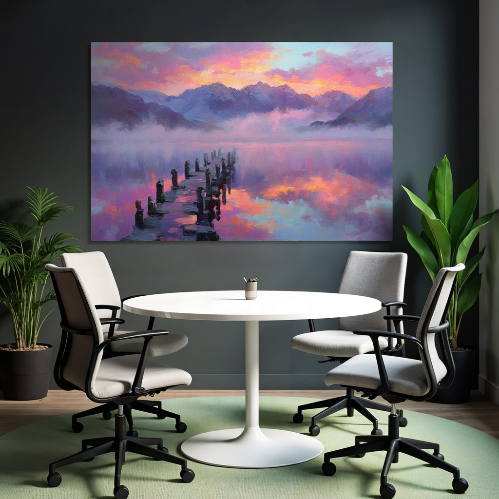 Friedliche Seenlandschaft Mit Holzsteg Und Bergkulisse Bei Sonnenaufgang