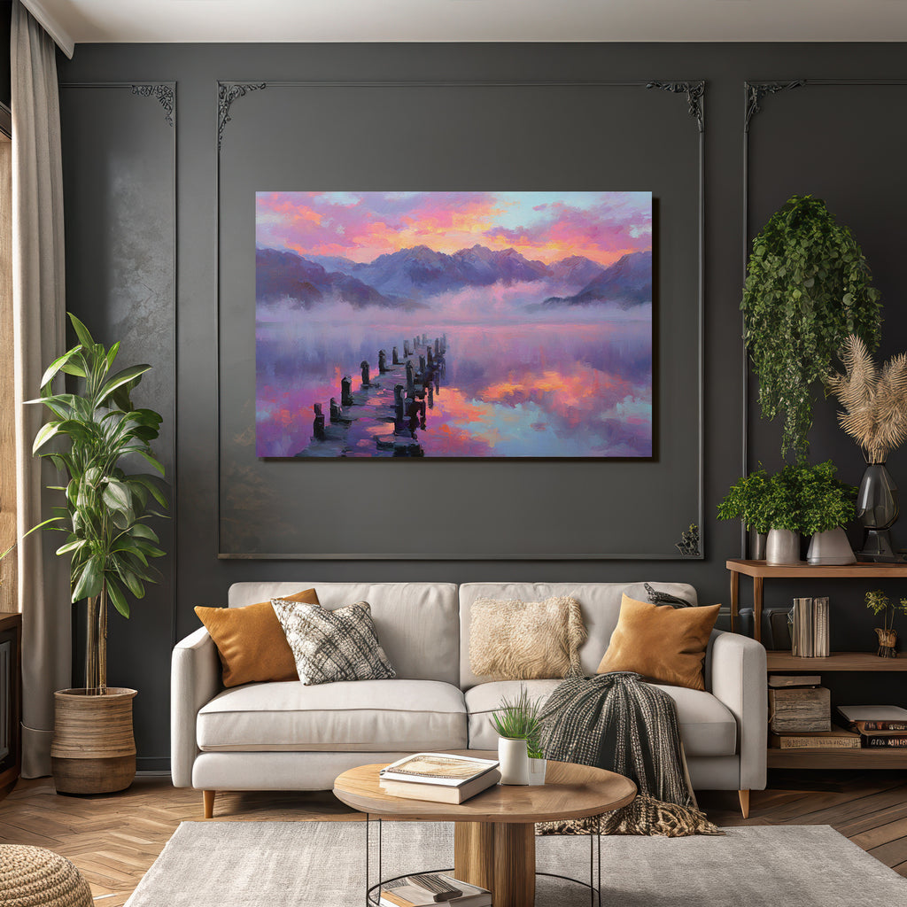 Friedliche Seenlandschaft Mit Holzsteg Und Bergkulisse Bei Sonnenaufgang
