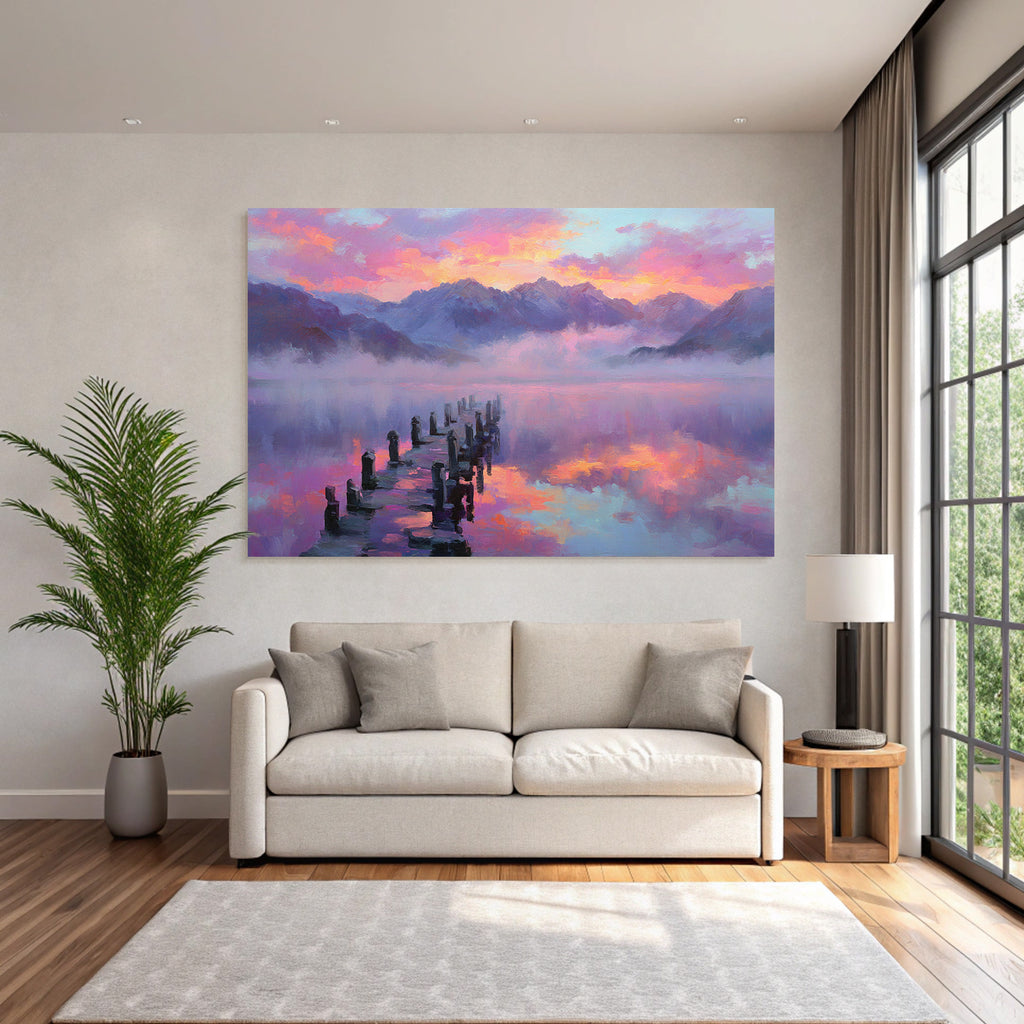 Friedliche Seenlandschaft Mit Holzsteg Und Bergkulisse Bei Sonnenaufgang
