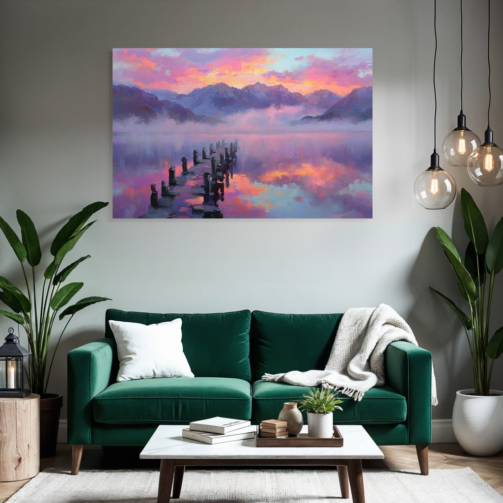 Friedliche Seenlandschaft Mit Holzsteg Und Bergkulisse Bei Sonnenaufgang