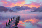 Friedliche Seenlandschaft Mit Holzsteg Und Bergkulisse Bei Sonnenaufgang | Nebel und Wetter | Natur