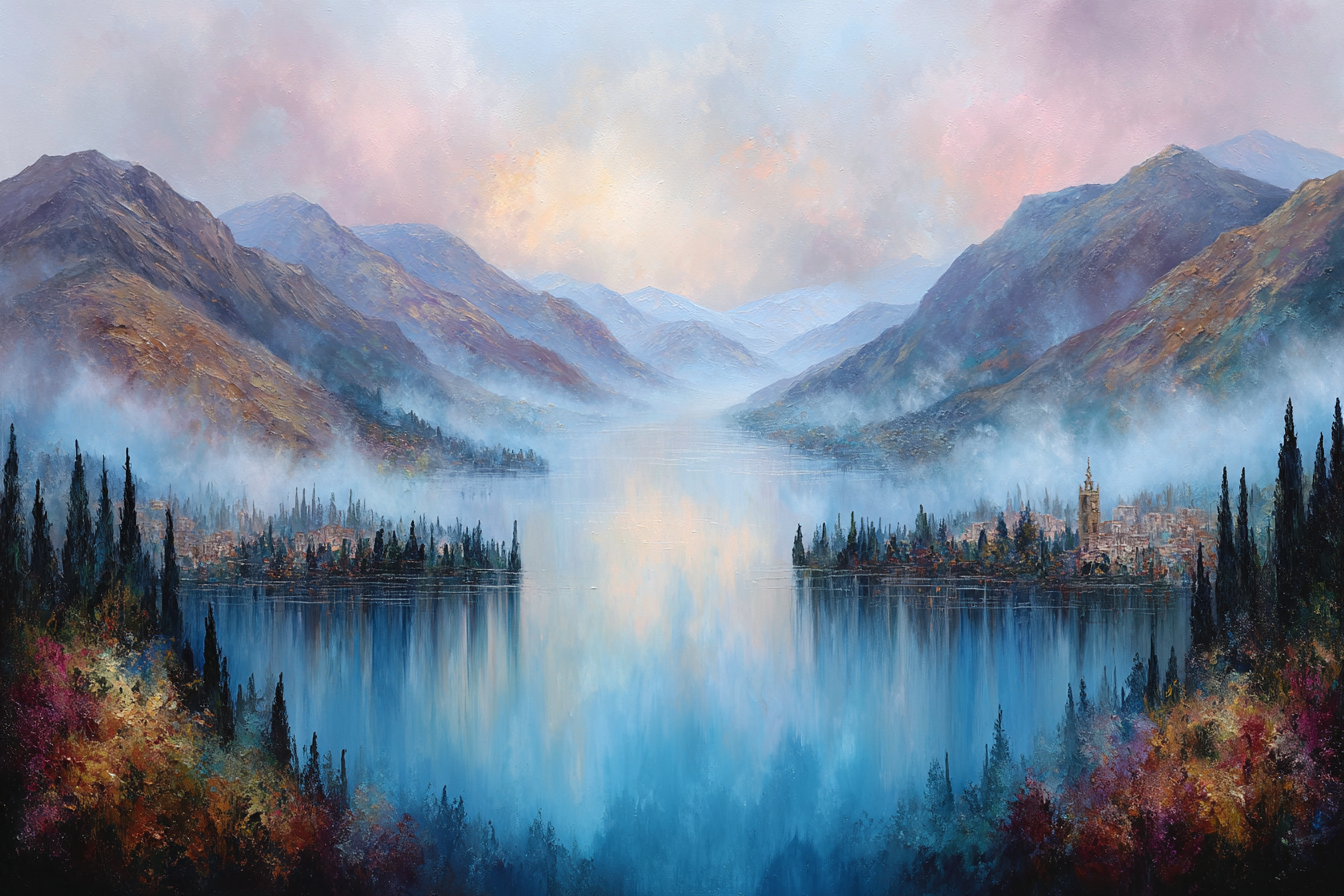Friedlicher Bergsee Im Nebel Mit Dorf Am Ufer | Nebel und Wetter | Natur