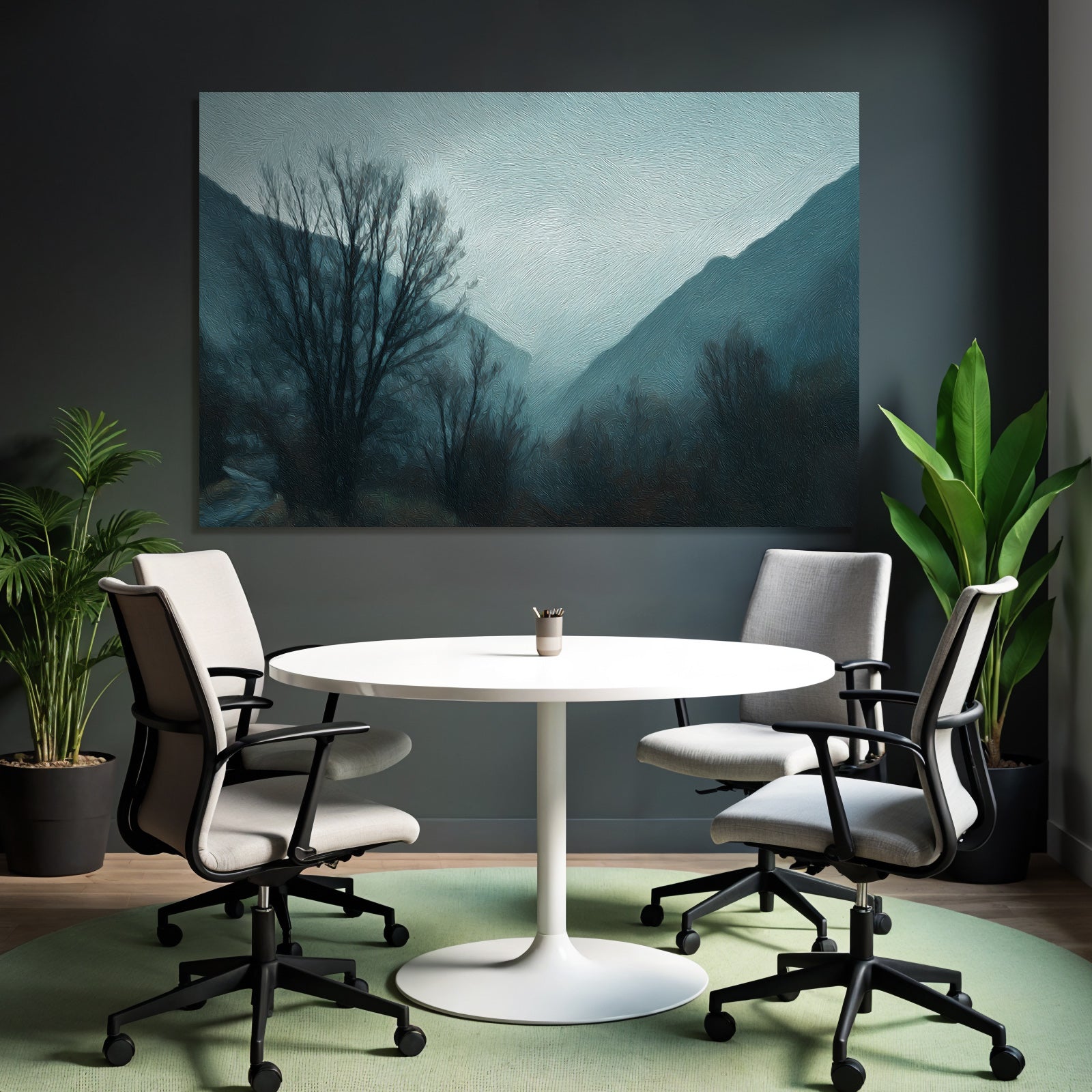 Gedämpfte Blaugraü Nebelgebirgslandschaft Mit Kargen Bäumen Und Einsamer Stimmung