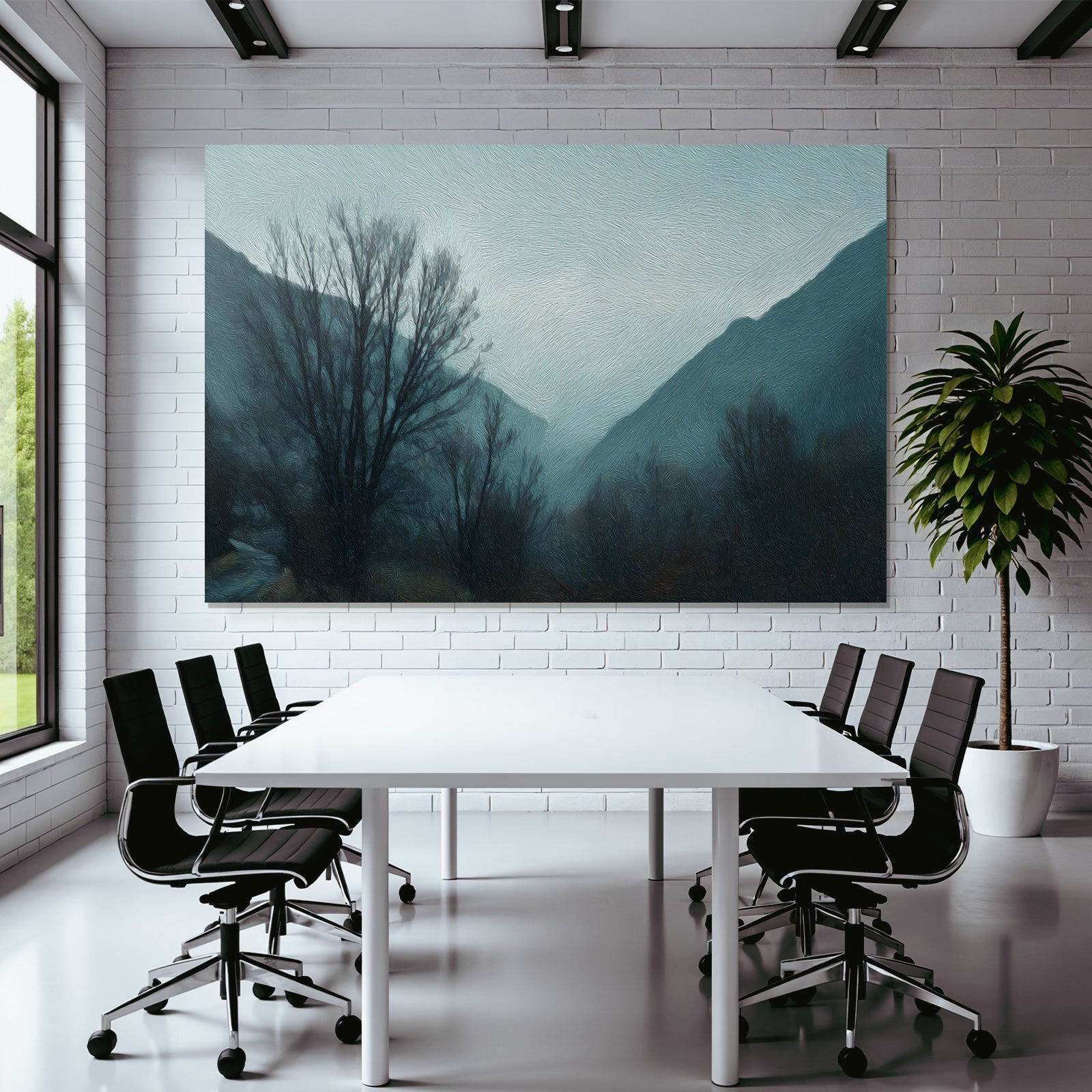 Gedämpfte Blaugraü Nebelgebirgslandschaft Mit Kargen Bäumen Und Einsamer Stimmung