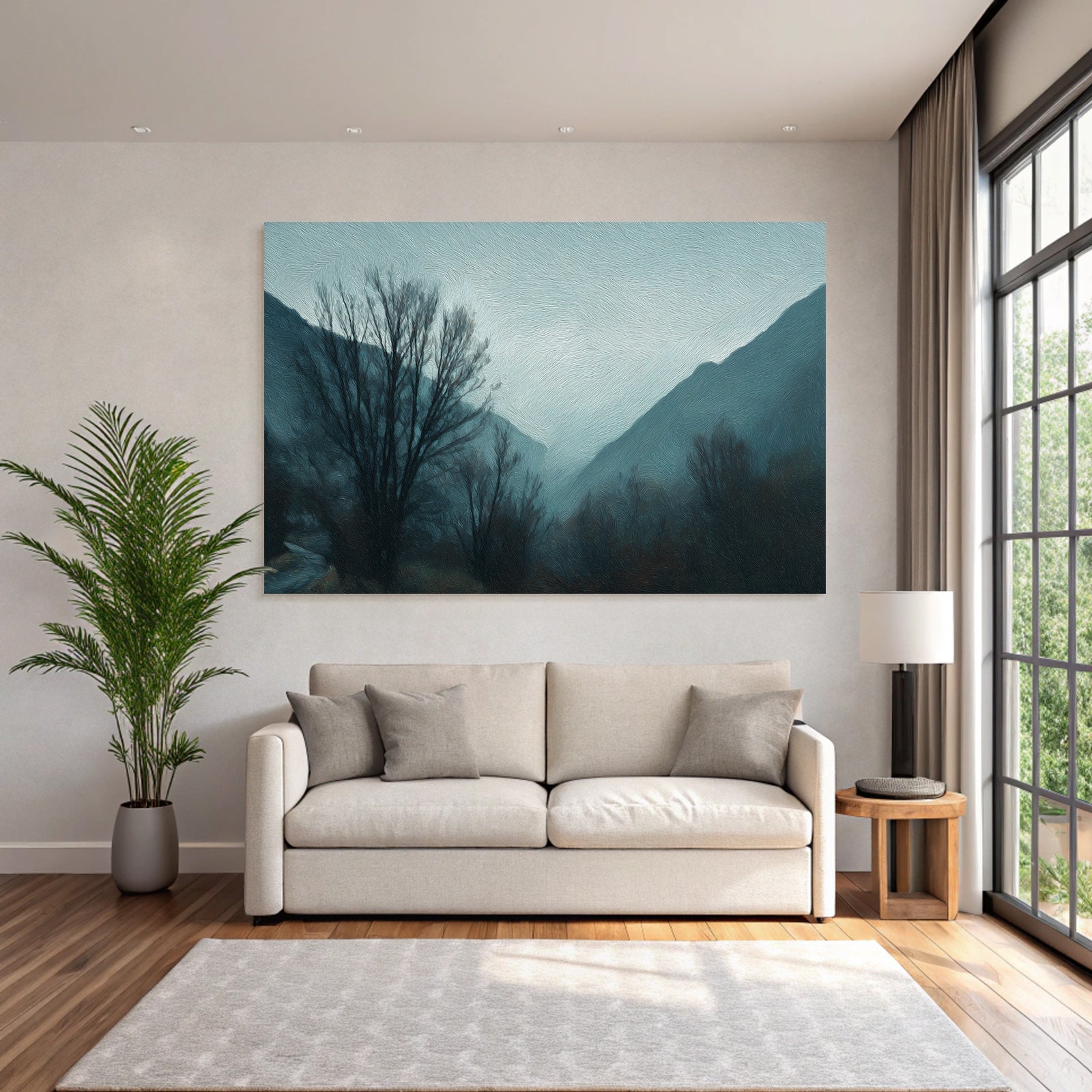 Gedämpfte Blaugraü Nebelgebirgslandschaft Mit Kargen Bäumen Und Einsamer Stimmung