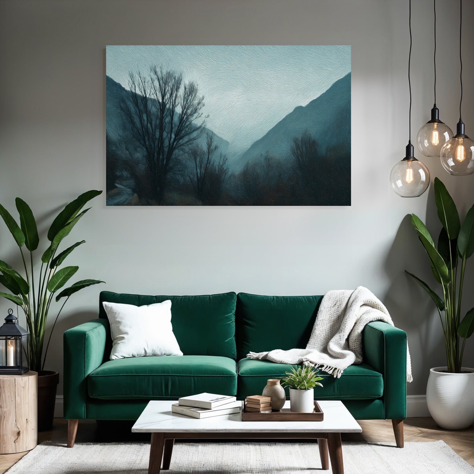 Gedämpfte Blaugraü Nebelgebirgslandschaft Mit Kargen Bäumen Und Einsamer Stimmung