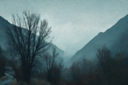 Gedämpfte Blaugraü Nebelgebirgslandschaft Mit Kargen Bäumen Und Einsamer Stimmung | Nebel und Wetter | Natur