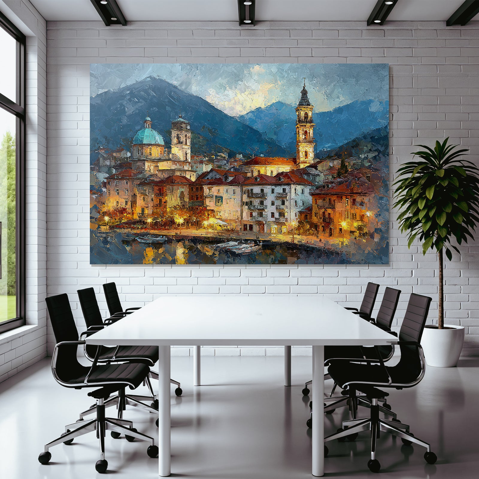 Impressionistische Abendstimmung Einer Stadt Am Wasser Mit Kuppel Und Uhrturm