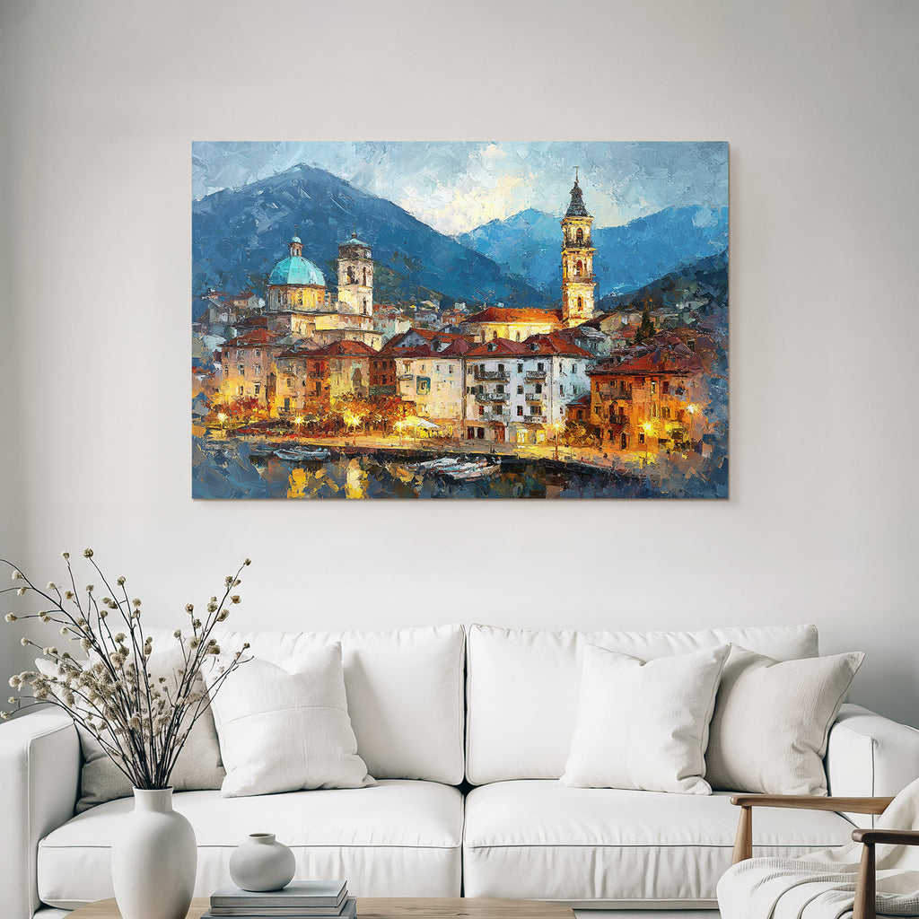 Impressionistische Abendstimmung Einer Stadt Am Wasser Mit Kuppel Und Uhrturm