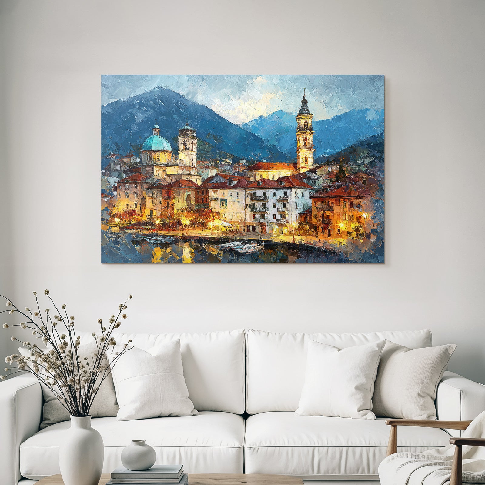 Impressionistische Abendstimmung Einer Stadt Am Wasser Mit Kuppel Und Uhrturm
