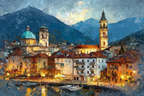 Impressionistische Abendstimmung Einer Stadt Am Wasser Mit Kuppel Und Uhrturm | Nebel und Wetter | Natur