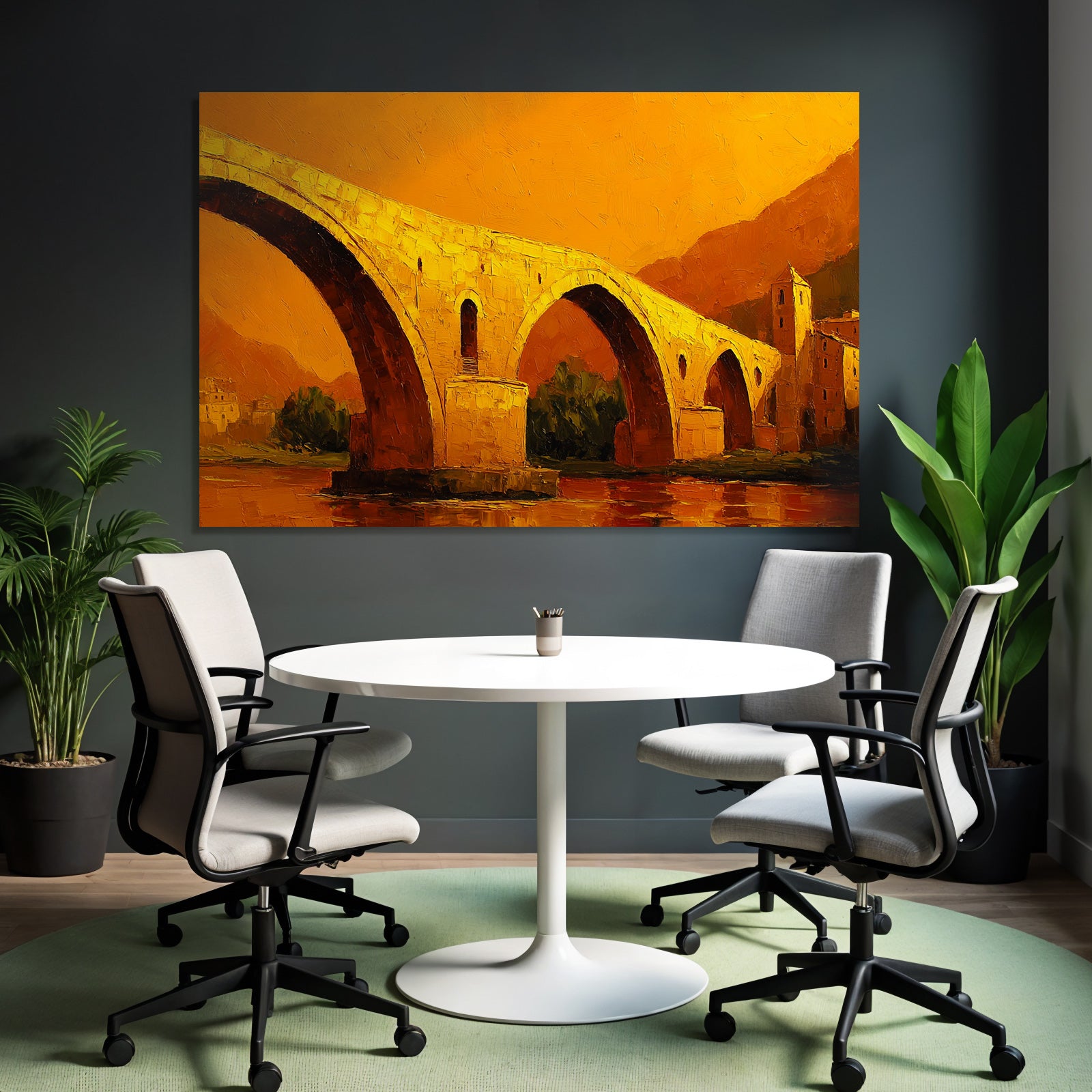 Impressionistische Brückendarstellung In Warmen Orange Gelben Farben An Einem Historischen Bauwerk