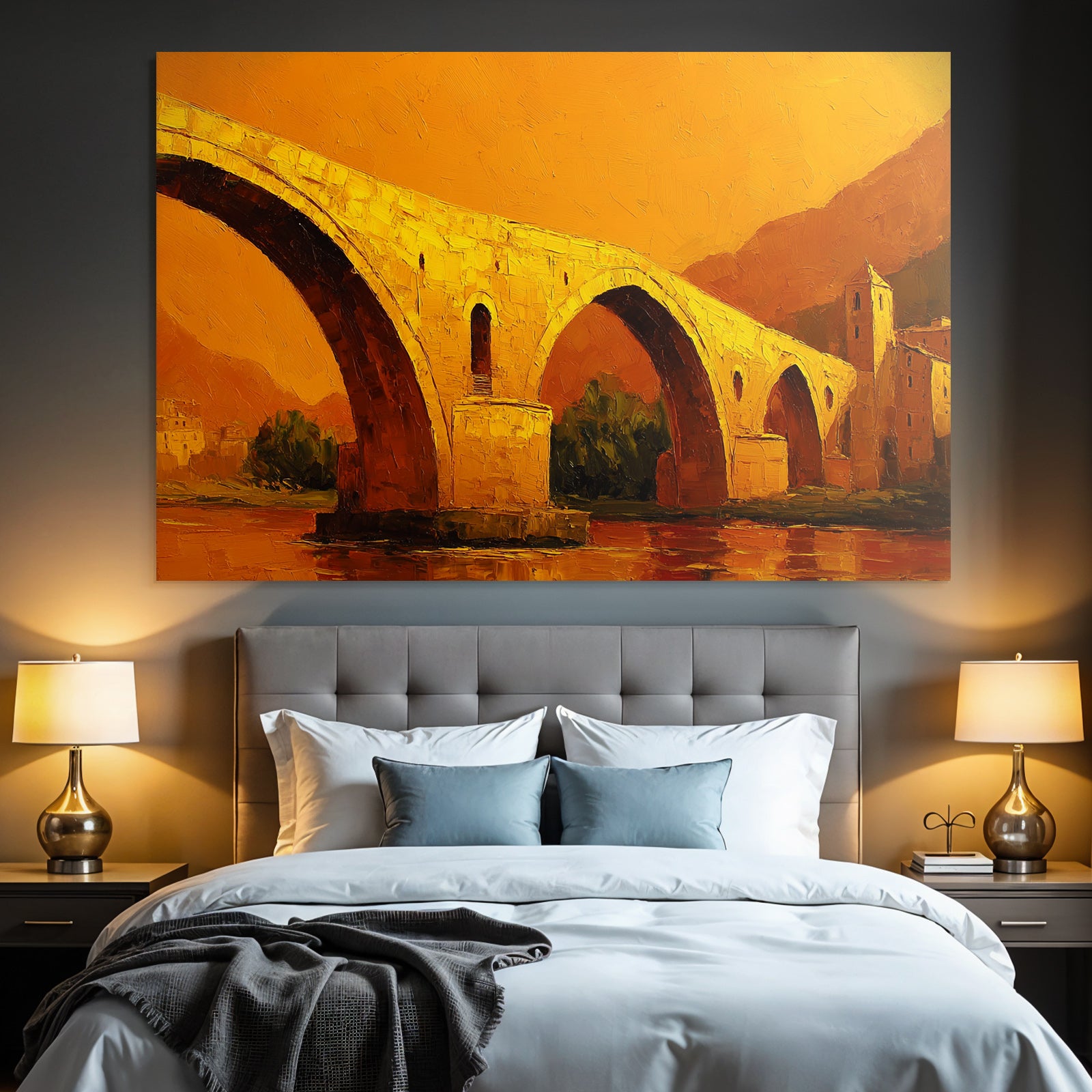 Impressionistische Brückendarstellung In Warmen Orange Gelben Farben An Einem Historischen Bauwerk