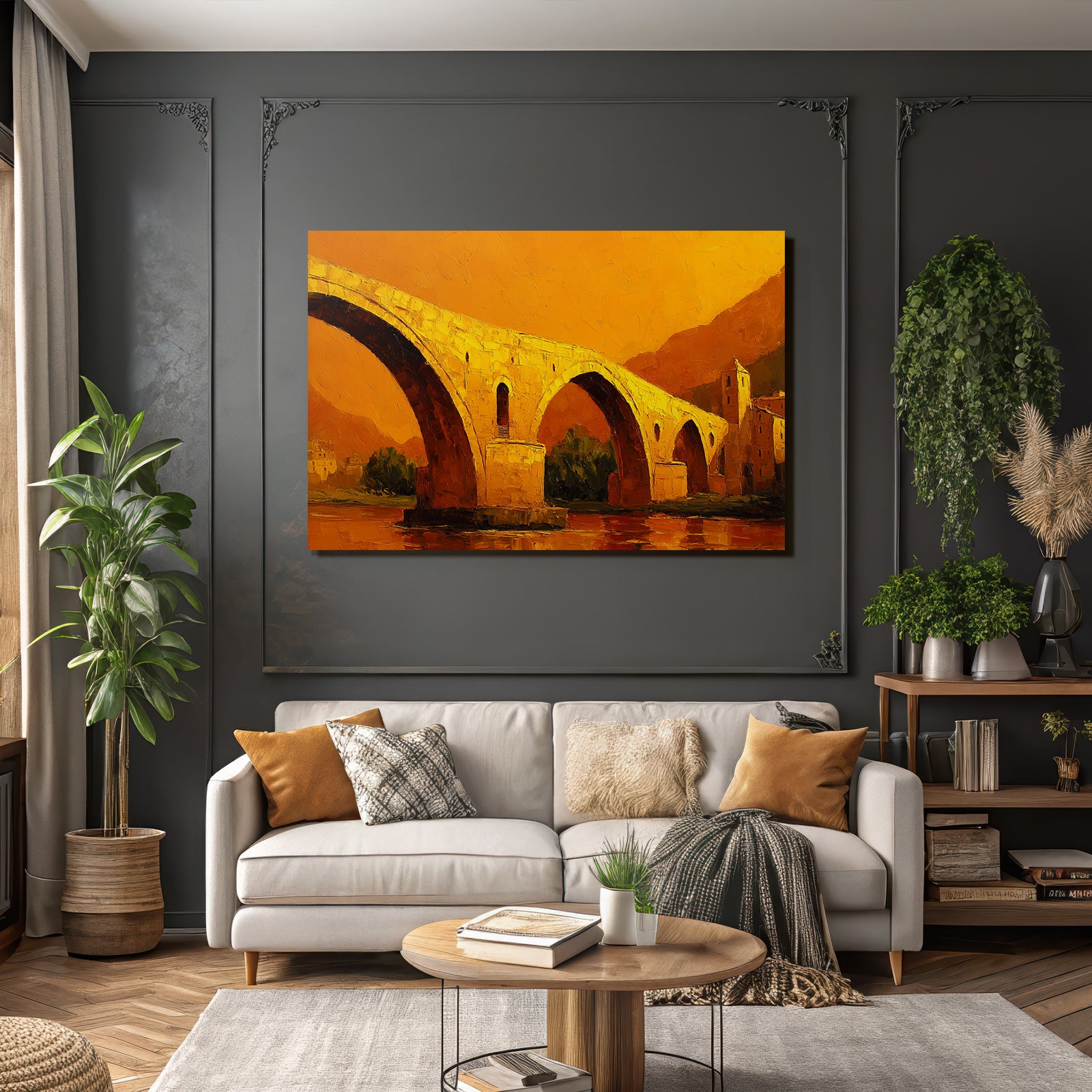 Impressionistische Brückendarstellung In Warmen Orange Gelben Farben An Einem Historischen Bauwerk