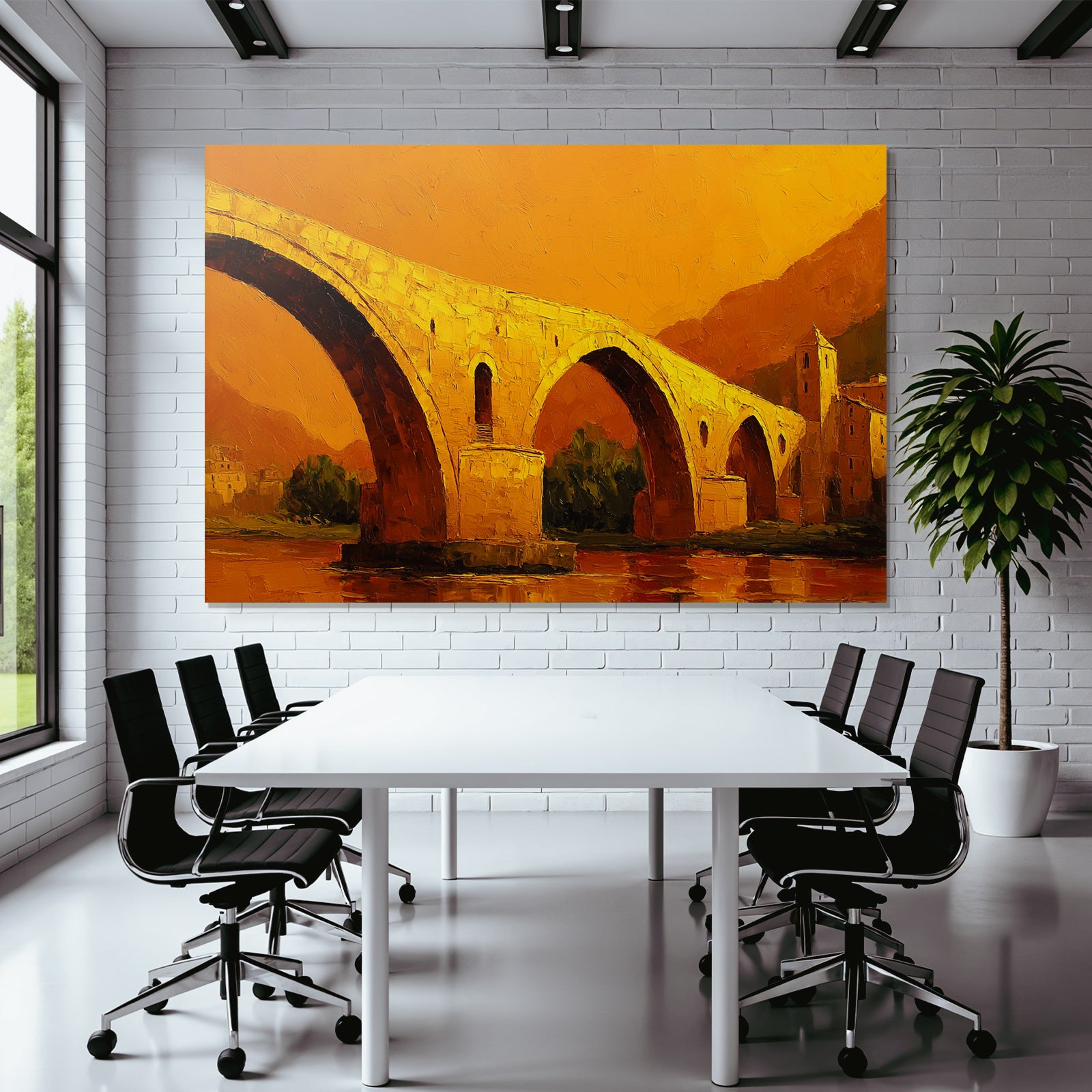 Impressionistische Brückendarstellung In Warmen Orange Gelben Farben An Einem Historischen Bauwerk