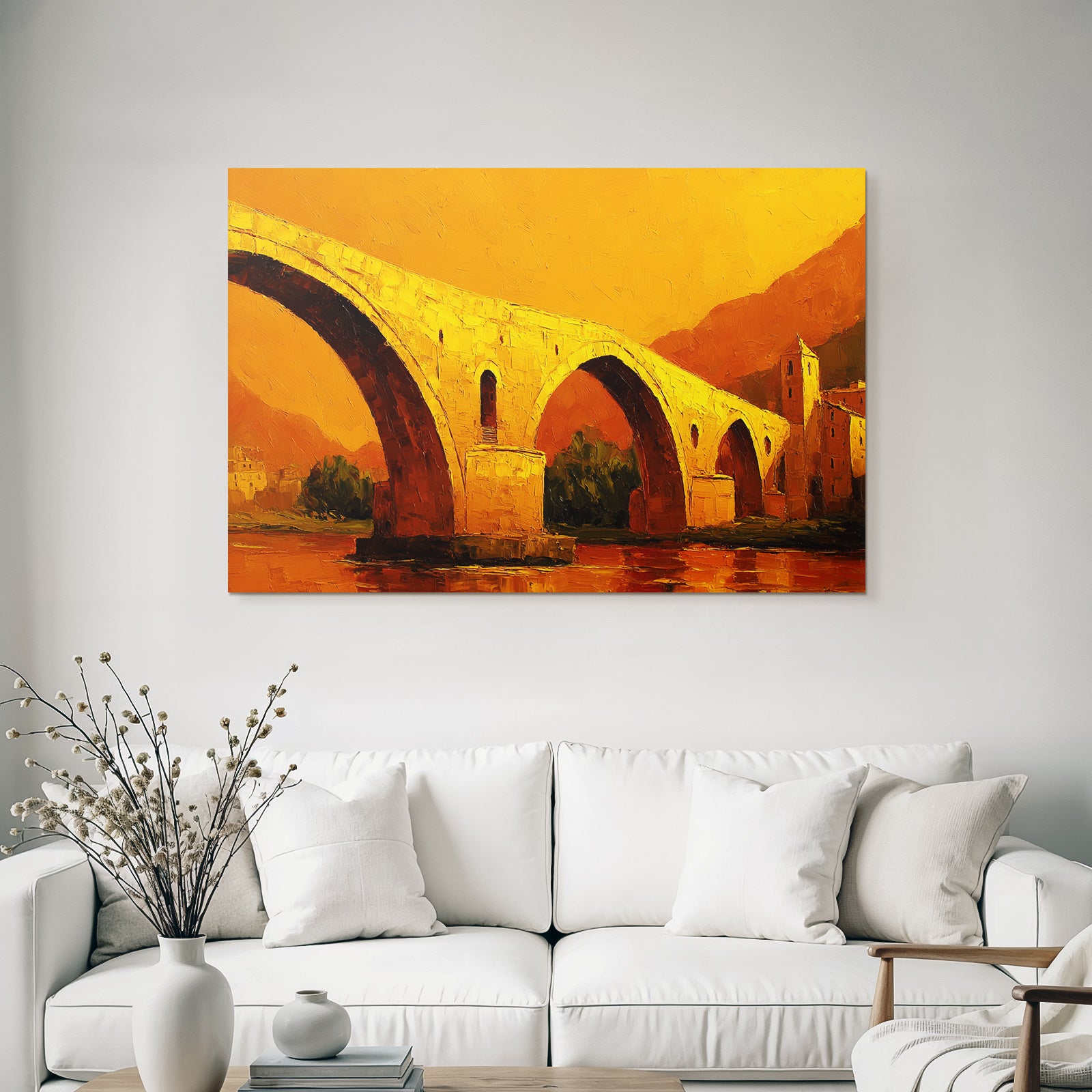 Impressionistische Brückendarstellung In Warmen Orange Gelben Farben An Einem Historischen Bauwerk