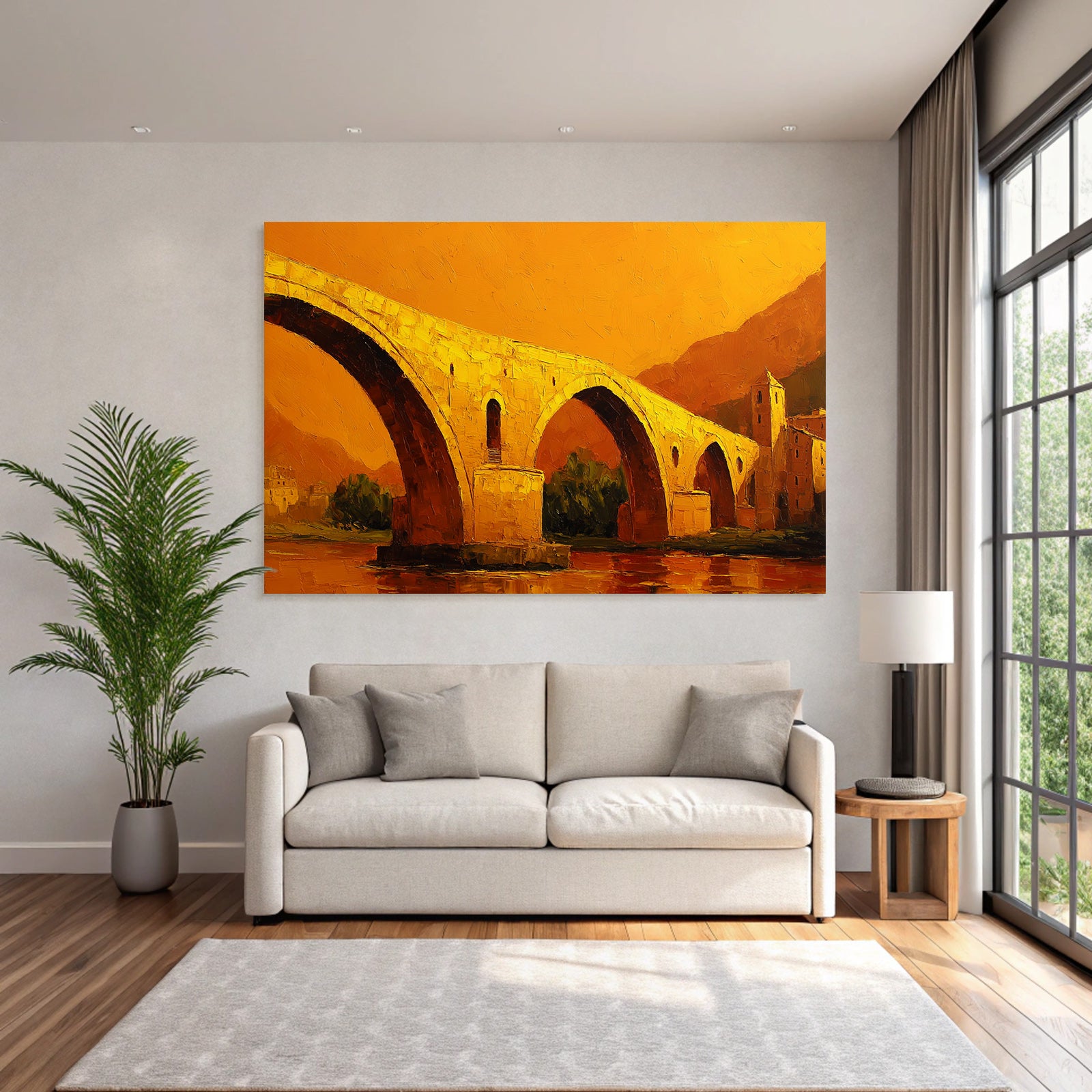Impressionistische Brückendarstellung In Warmen Orange Gelben Farben An Einem Historischen Bauwerk