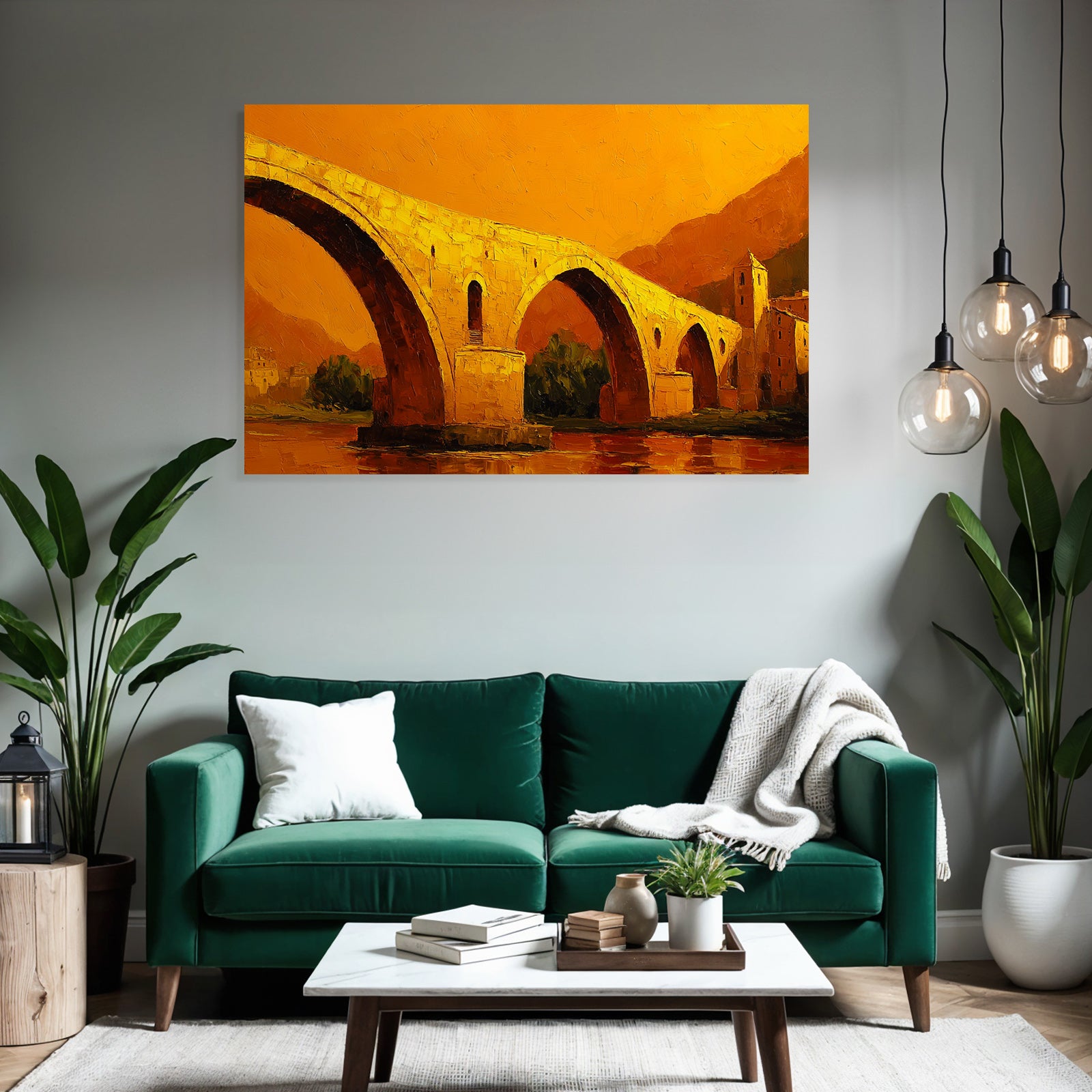 Impressionistische Brückendarstellung In Warmen Orange Gelben Farben An Einem Historischen Bauwerk
