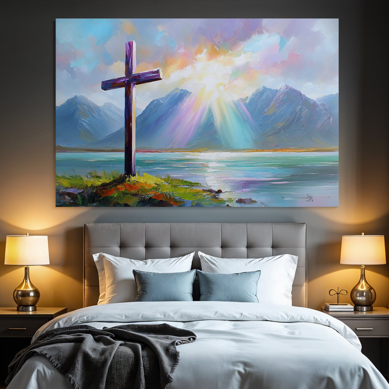 Kreuz Am Wasser Mit Bergen Und Lichtstrahlen