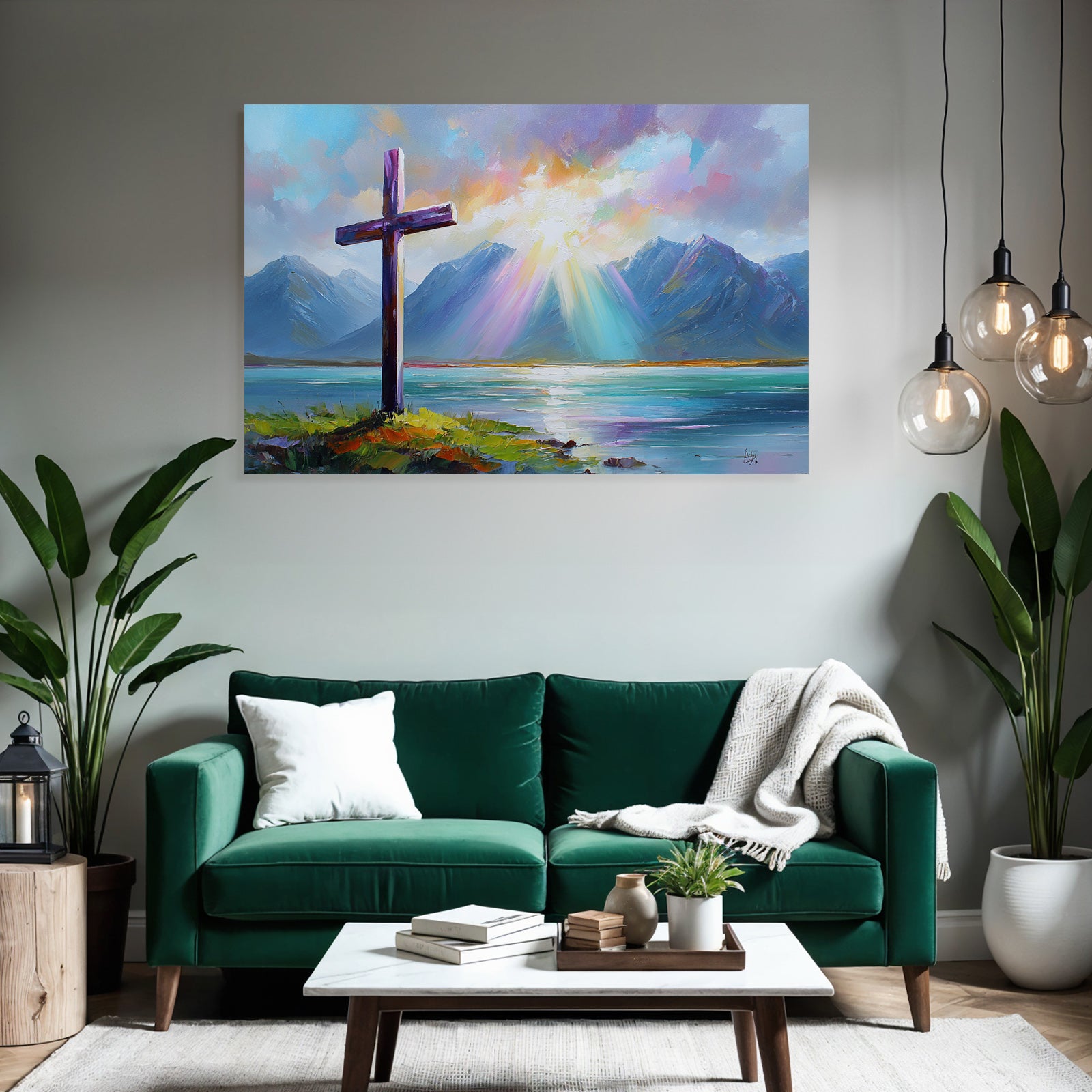 Kreuz Am Wasser Mit Bergen Und Lichtstrahlen