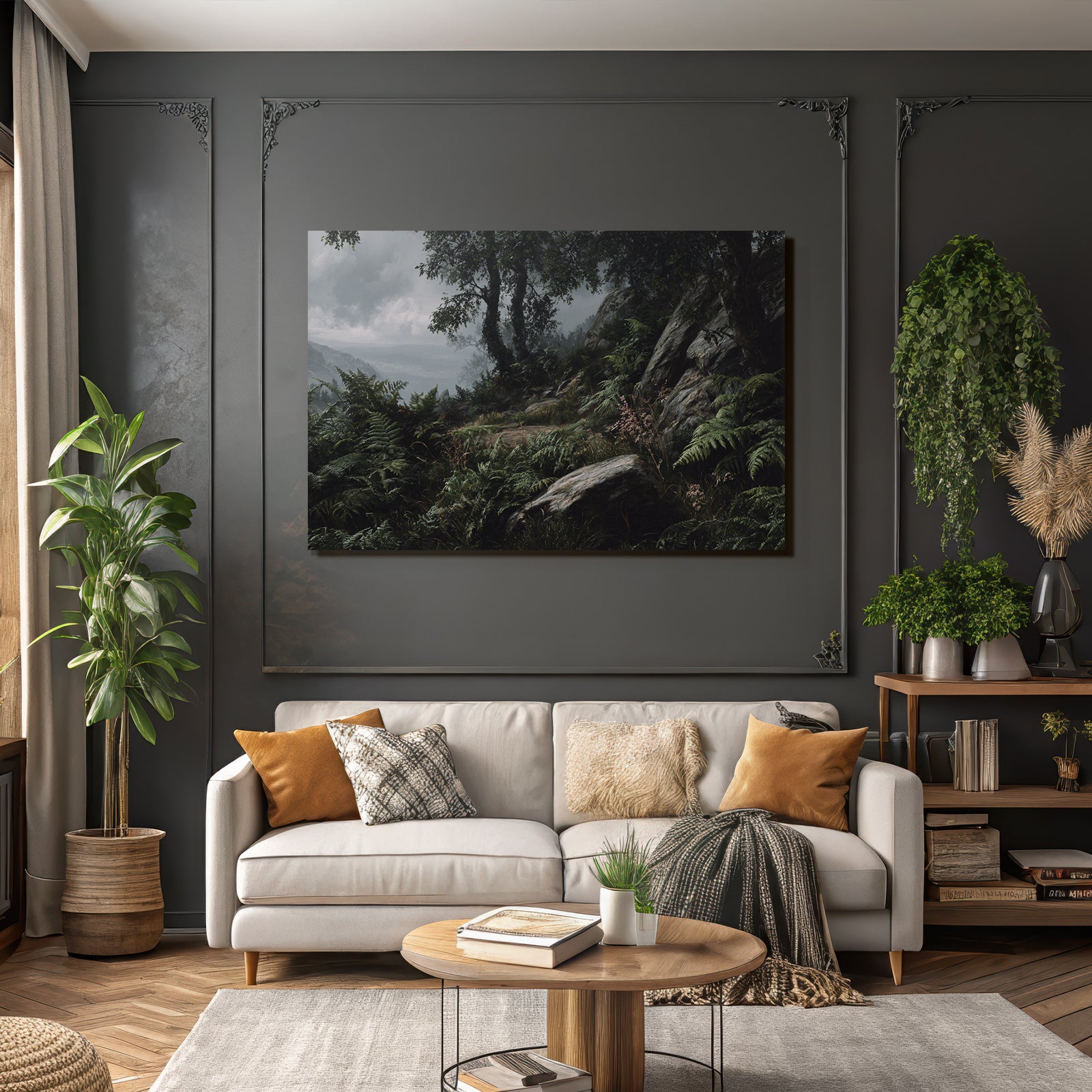 Landschaft Mit Wald Farnen Felsen Und Wolken