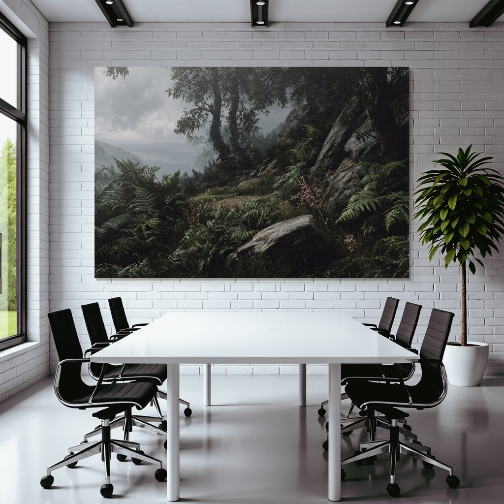 Landschaft Mit Wald Farnen Felsen Und Wolken