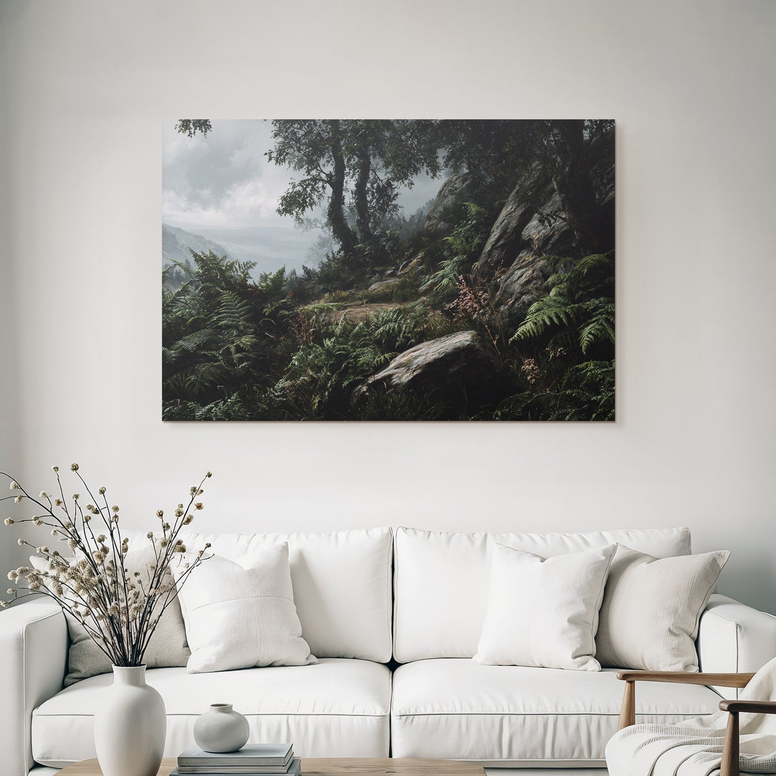 Landschaft Mit Wald Farnen Felsen Und Wolken