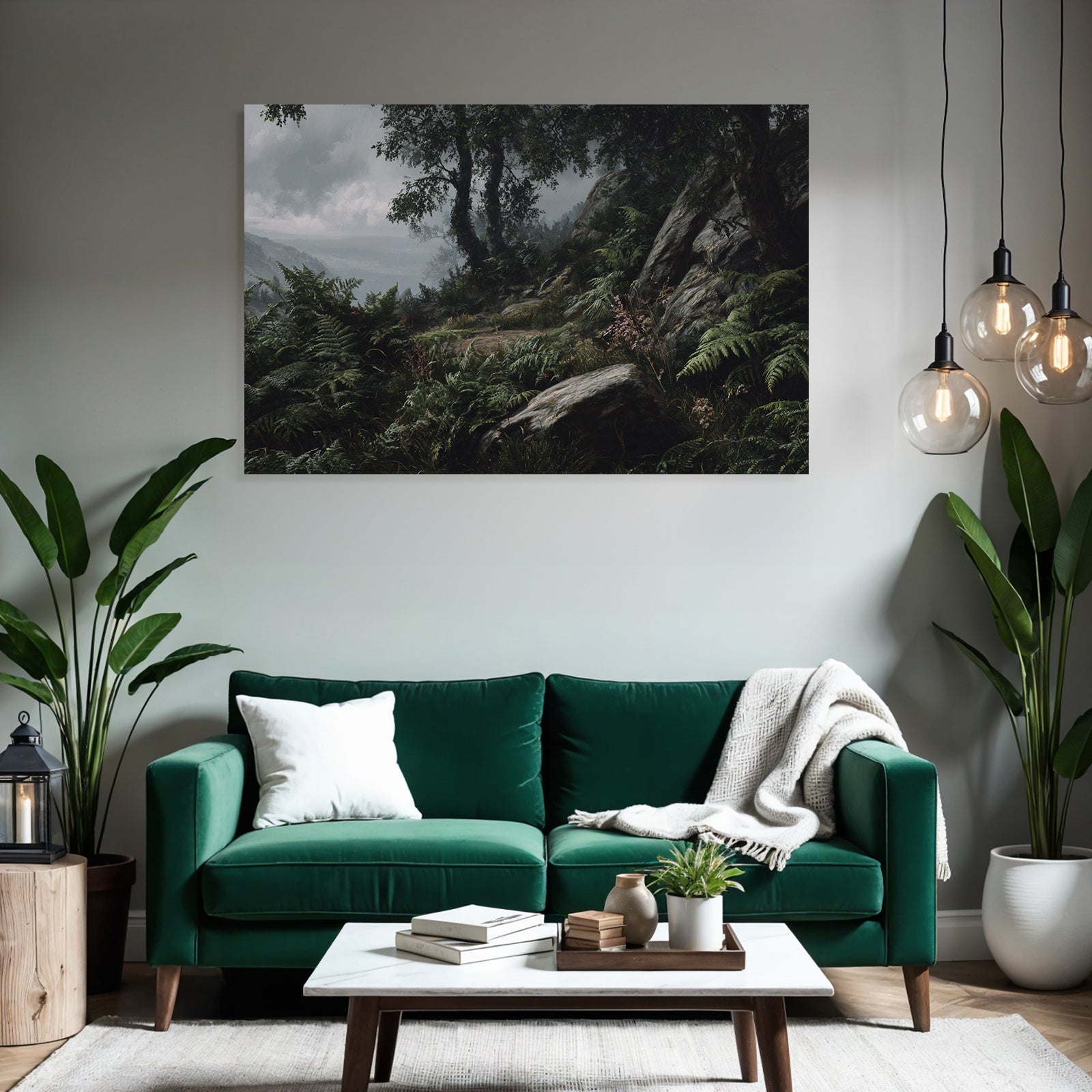 Landschaft Mit Wald Farnen Felsen Und Wolken