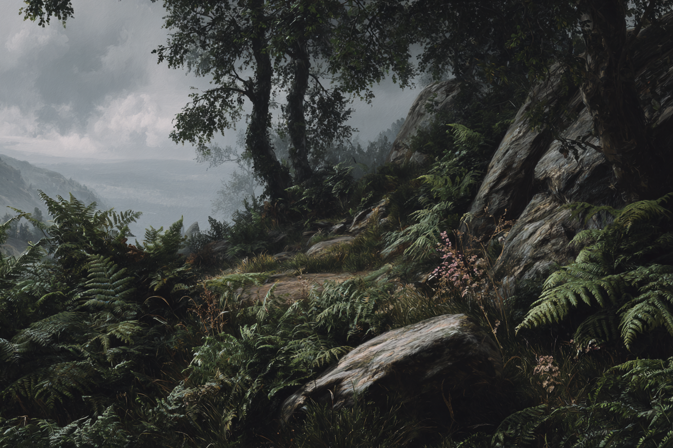 Landschaft Mit Wald Farnen Felsen Und Wolken | Nebel und Wetter | Natur