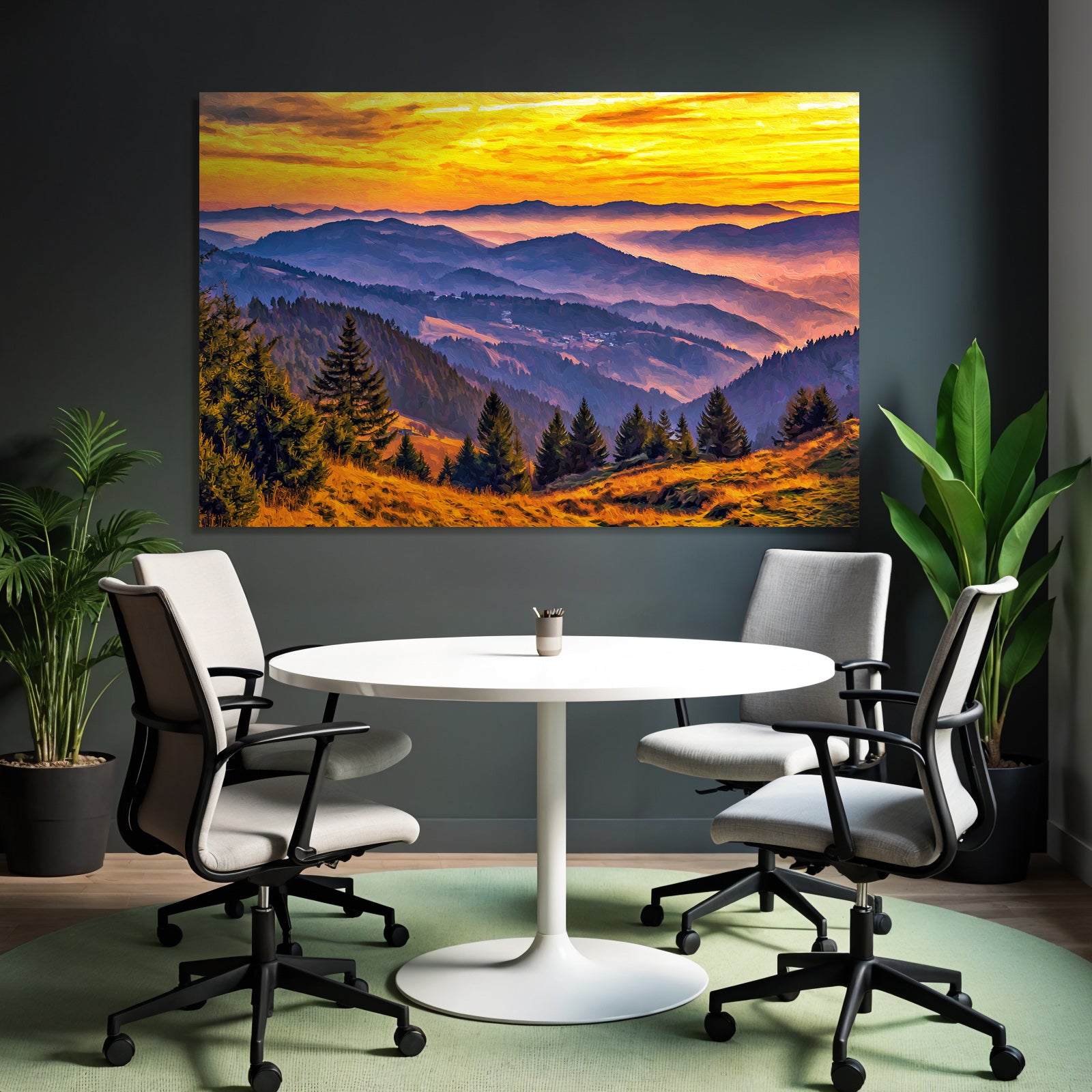 Malerische Berglandschaft Bei Sonnenaufgang Mit Warmen Farben Und Bäumen