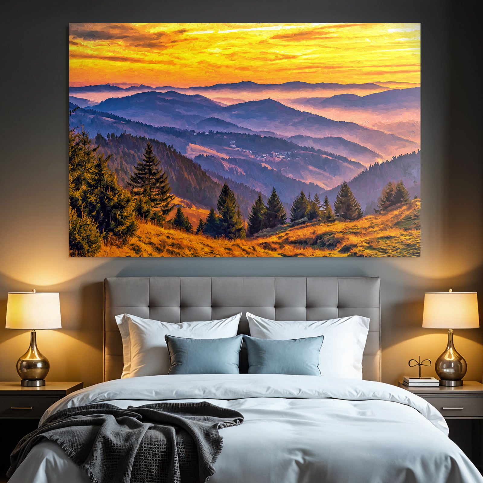 Malerische Berglandschaft Bei Sonnenaufgang Mit Warmen Farben Und Bäumen