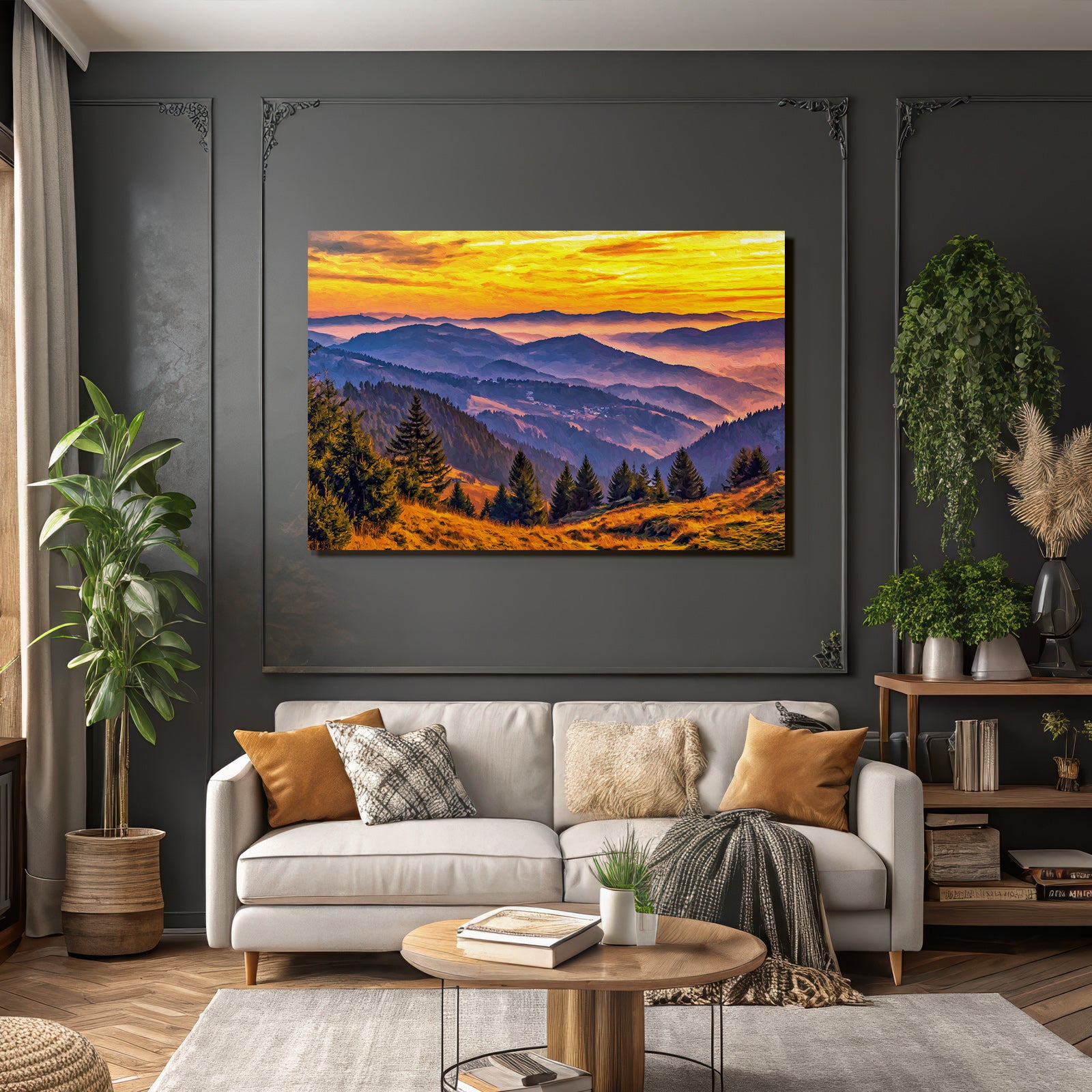 Malerische Berglandschaft Bei Sonnenaufgang Mit Warmen Farben Und Bäumen