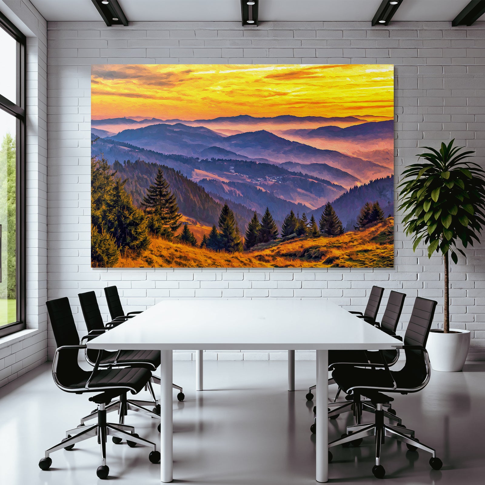 Malerische Berglandschaft Bei Sonnenaufgang Mit Warmen Farben Und Bäumen