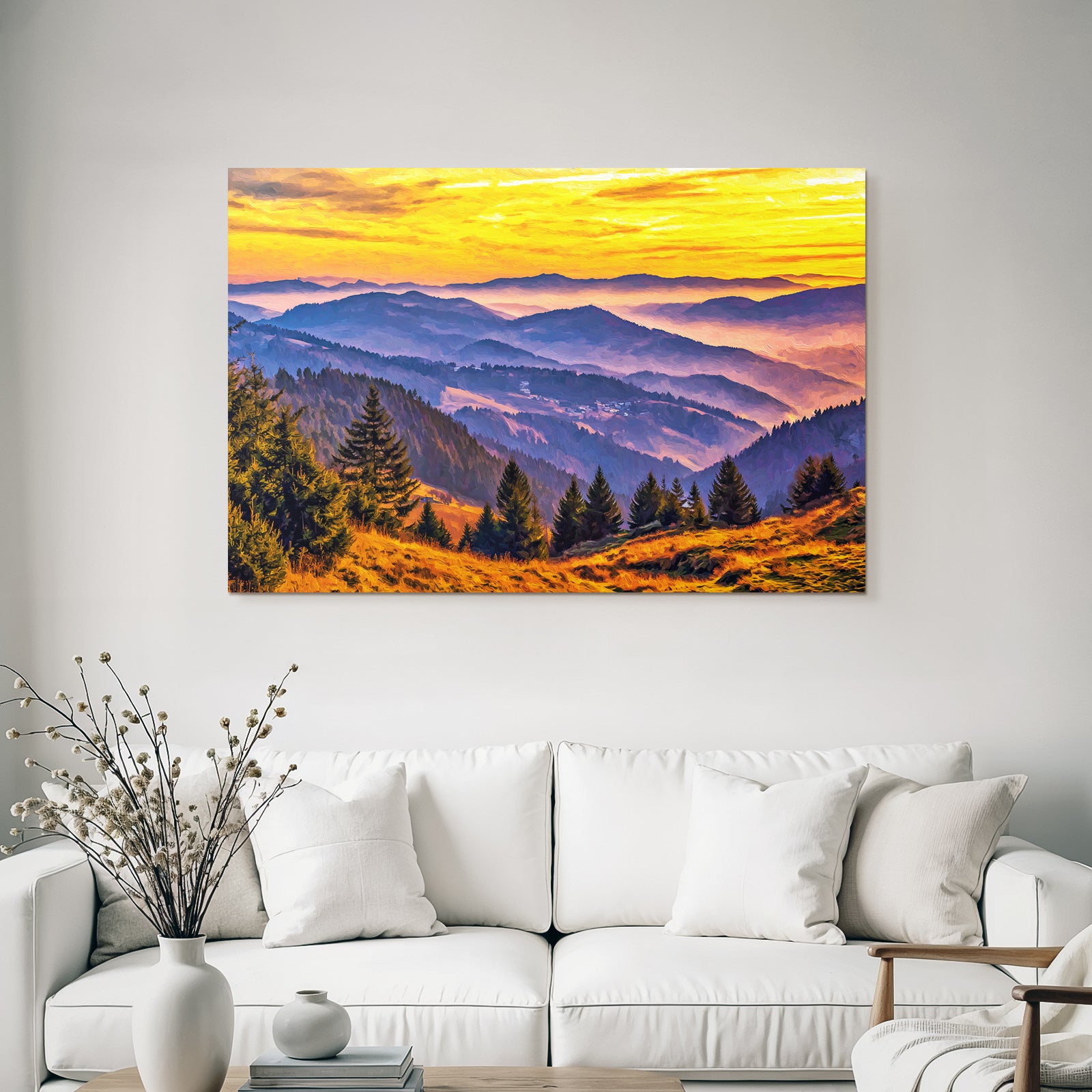 Malerische Berglandschaft Bei Sonnenaufgang Mit Warmen Farben Und Bäumen