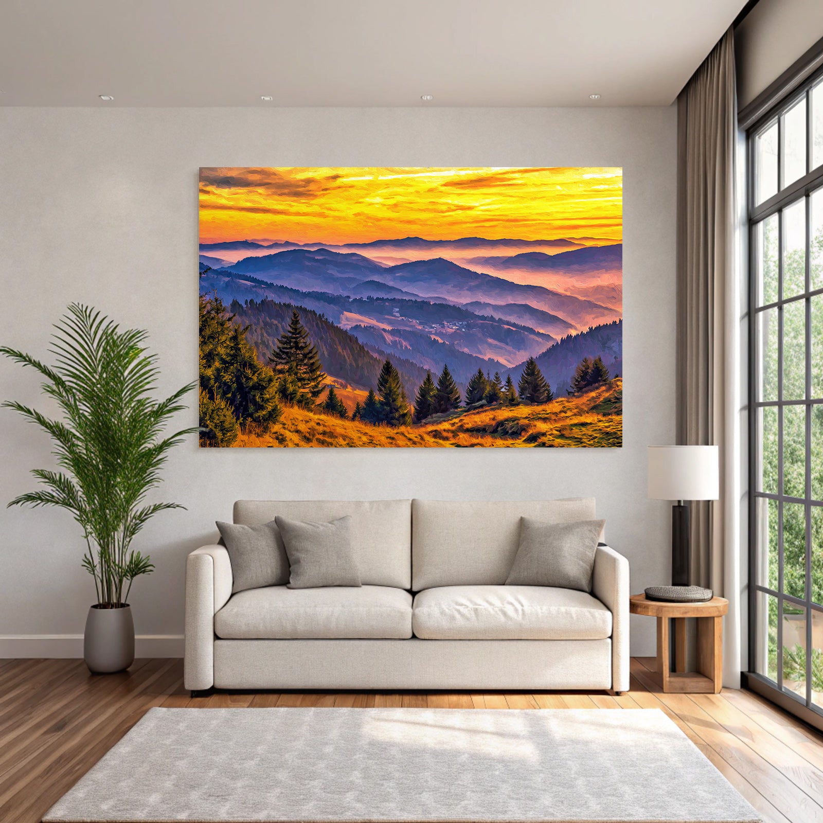 Malerische Berglandschaft Bei Sonnenaufgang Mit Warmen Farben Und Bäumen