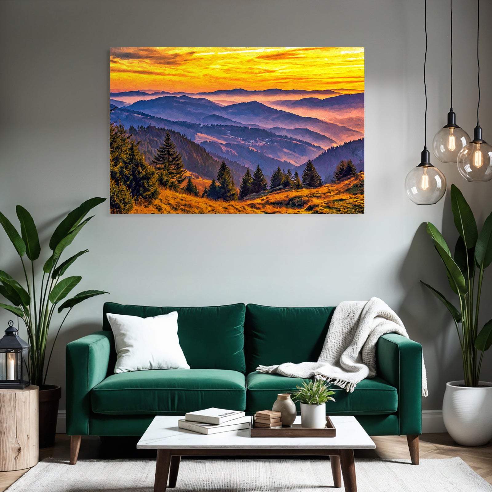 Malerische Berglandschaft Bei Sonnenaufgang Mit Warmen Farben Und Bäumen