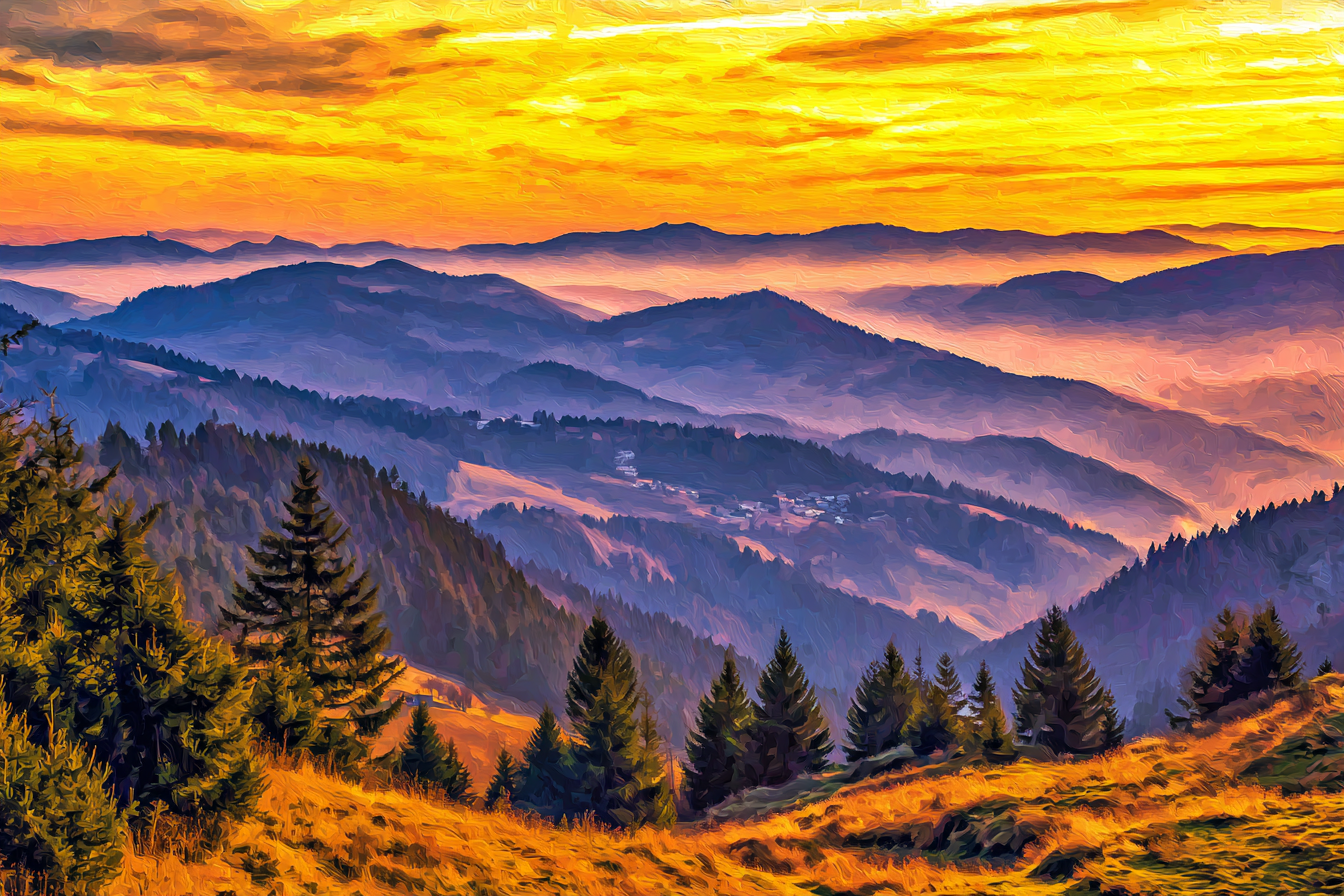 Malerische Berglandschaft Bei Sonnenaufgang Mit Warmen Farben Und Bäumen | Nebel und Wetter | Natur