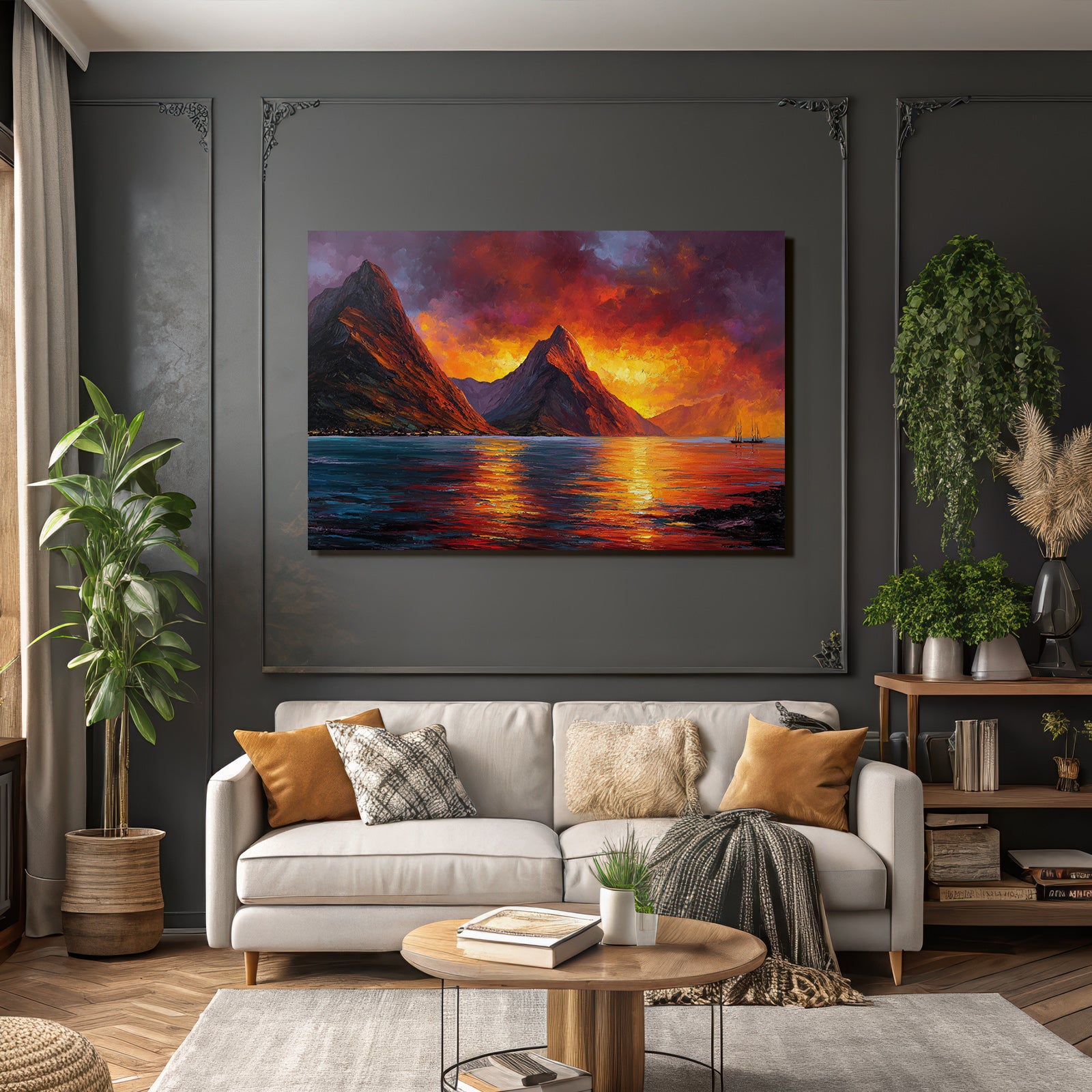 Malerische Sonnenuntergangslandschaft Mit Bergen Booten Und Spiegelndem Wasser