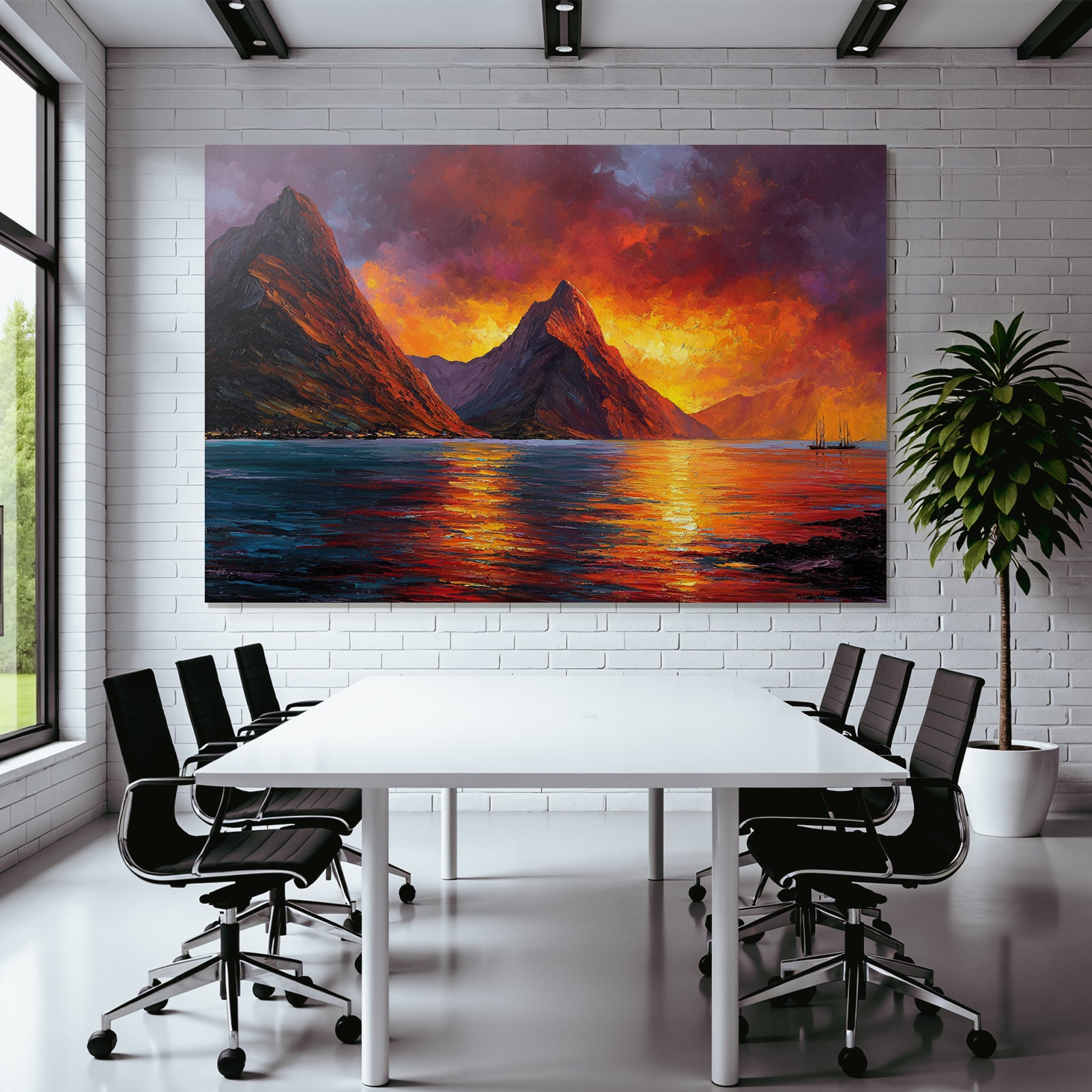 Malerische Sonnenuntergangslandschaft Mit Bergen Booten Und Spiegelndem Wasser
