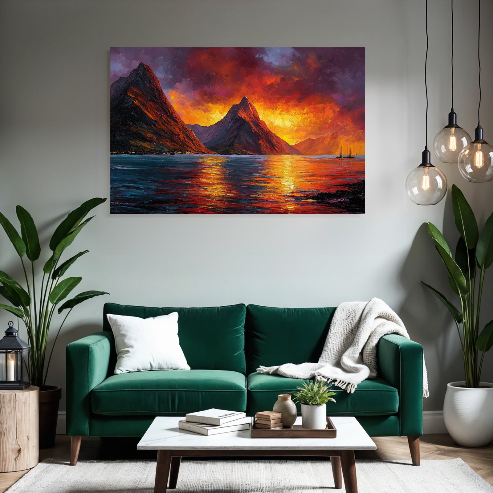 Malerische Sonnenuntergangslandschaft Mit Bergen Booten Und Spiegelndem Wasser