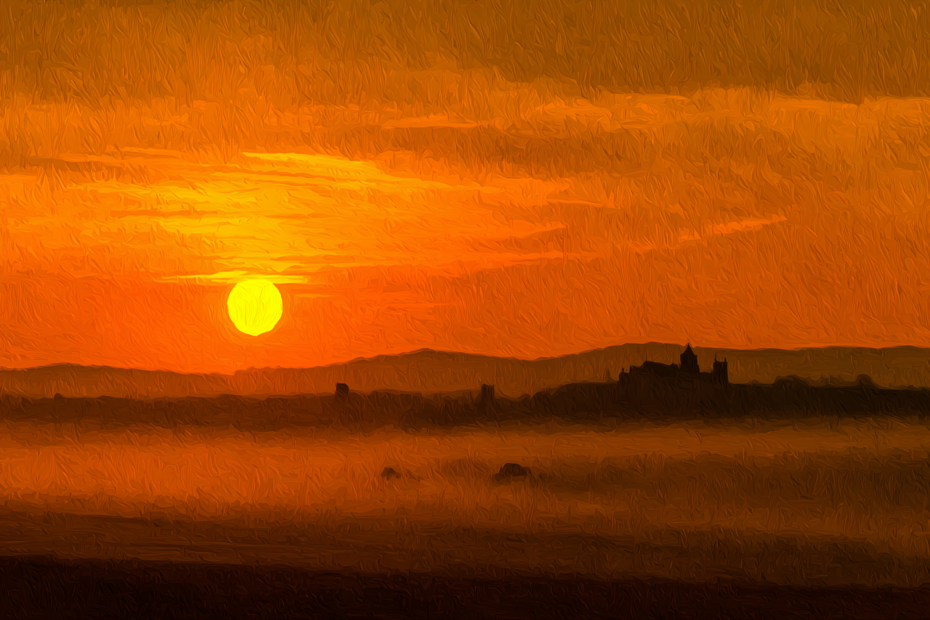 Malerischer Sonnenuntergang Über Sanften Hügeln | Nebel und Wetter | Natur