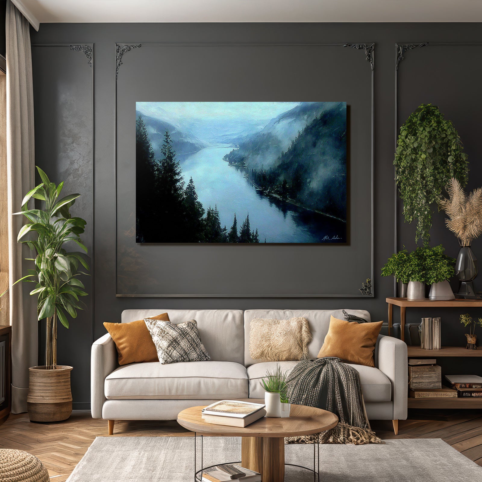Morgendlicher Nebel In Berglandschaft Mit Fluss