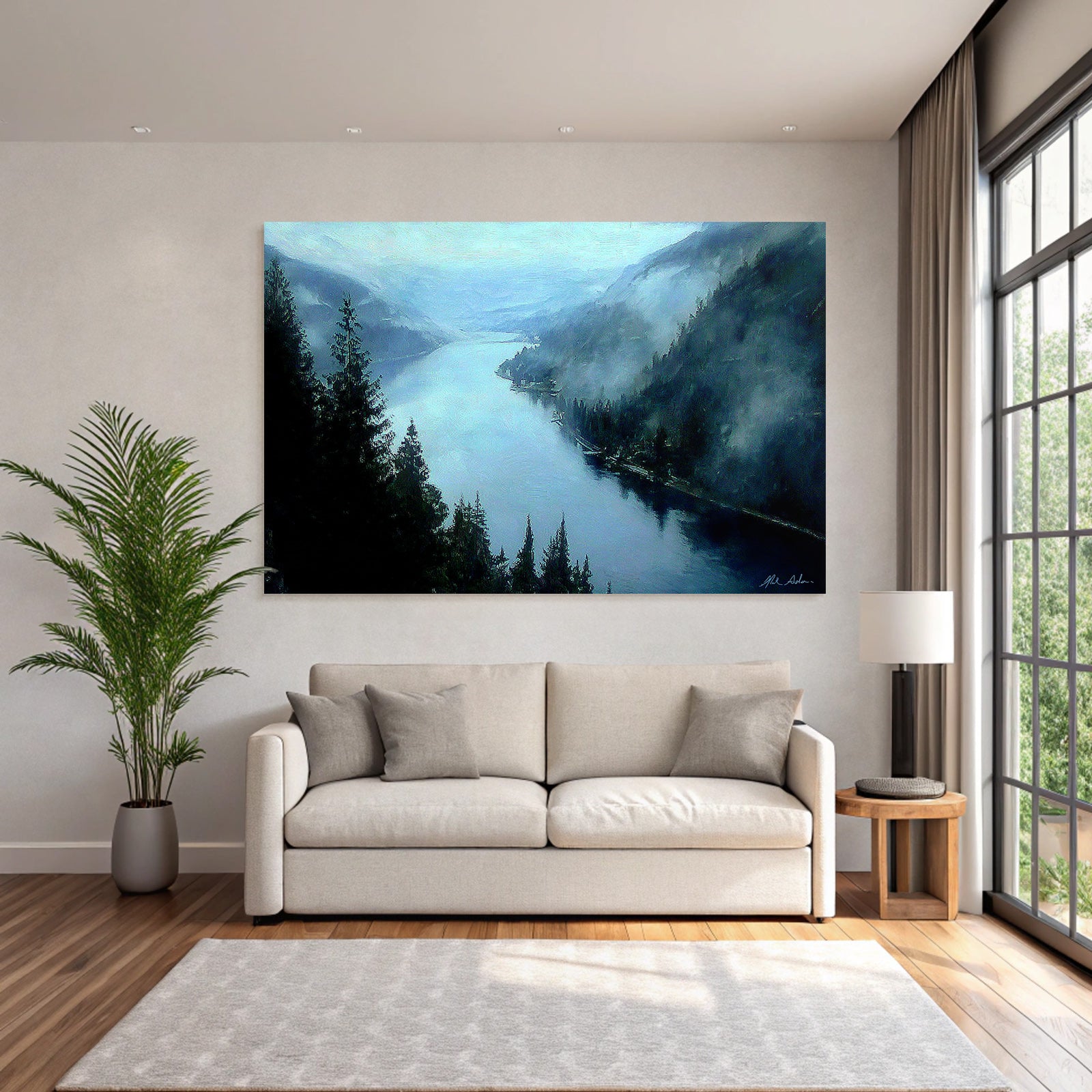 Morgendlicher Nebel In Berglandschaft Mit Fluss