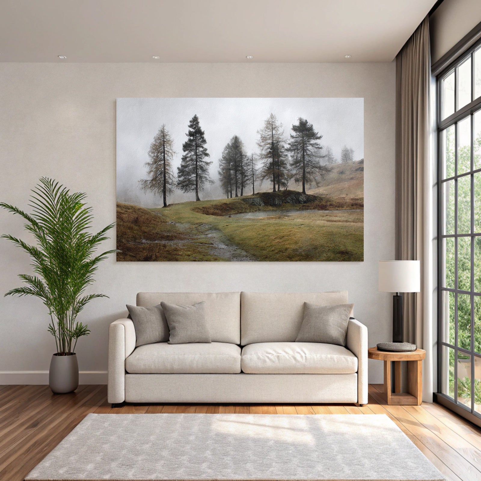 Nebelige Waldlandschaft Am Wasser