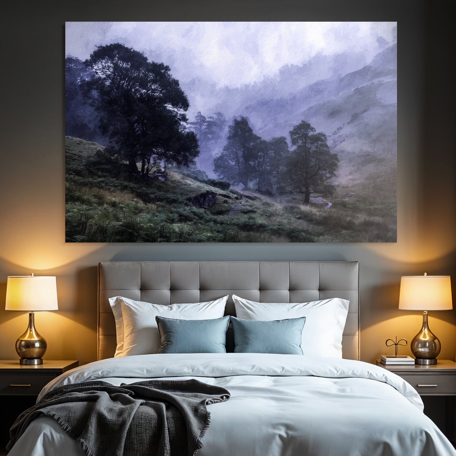 Neblige Blaü Morgenlandschaft