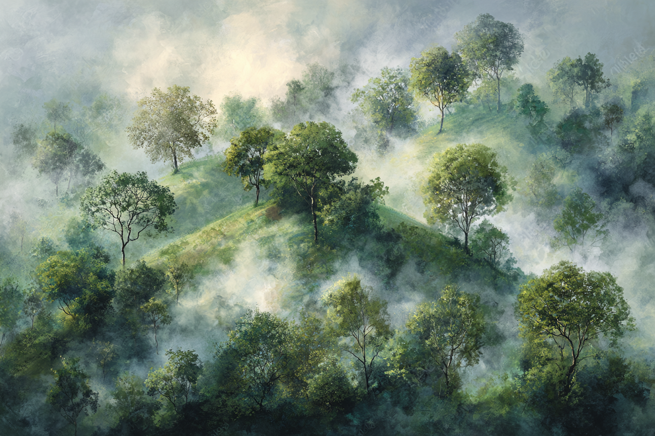 Nebliges Hügeliges Waldpanorama Mit Mystischem Nebel | Nebel und Wetter | Natur