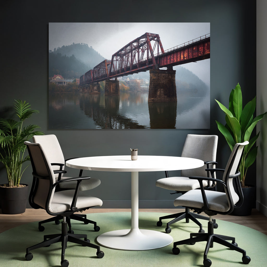 Rote Eisenbahnbrücke Im Morgennebel Mit Hügeln Und Spiegelung