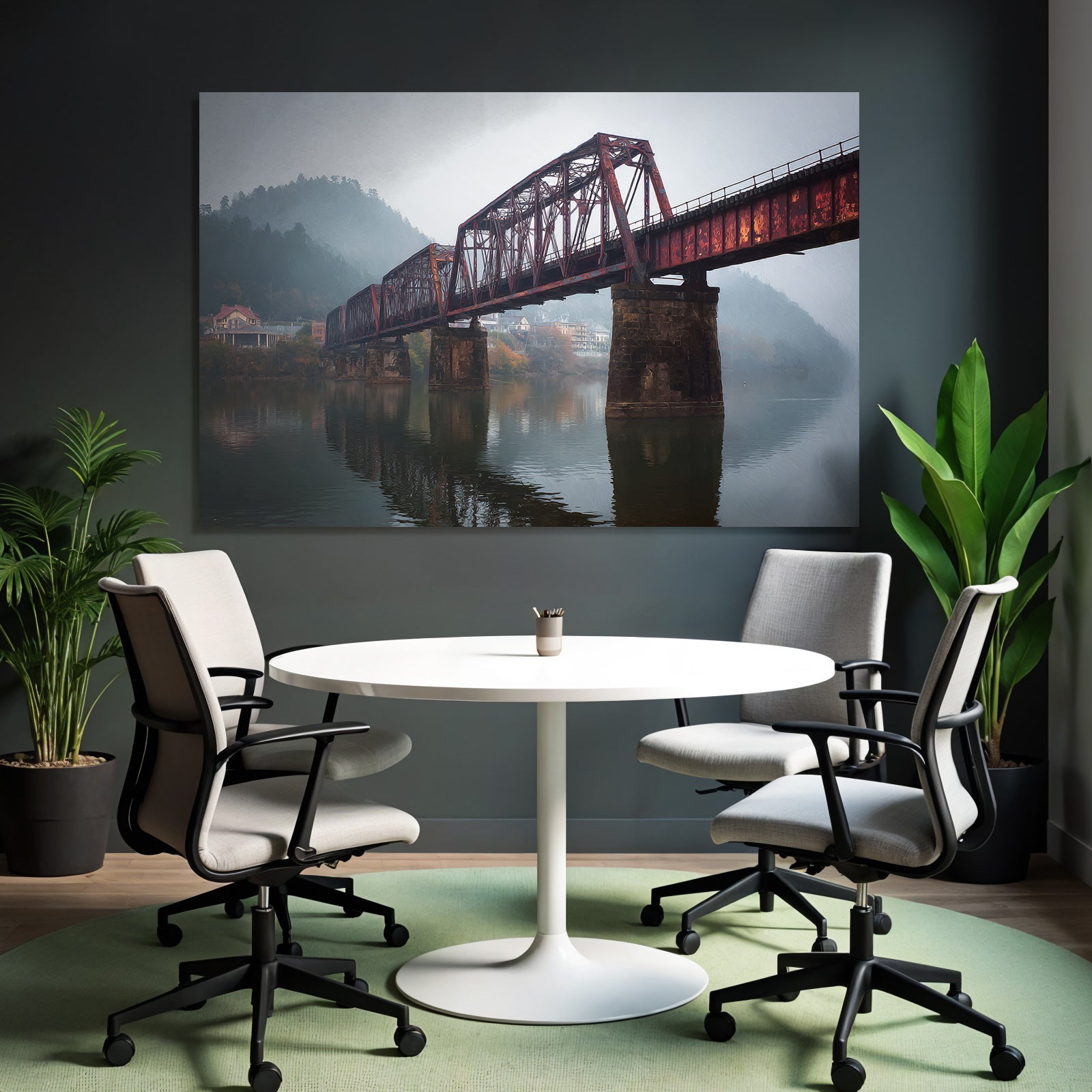 Rote Eisenbahnbrücke Im Morgennebel Mit Hügeln Und Spiegelung