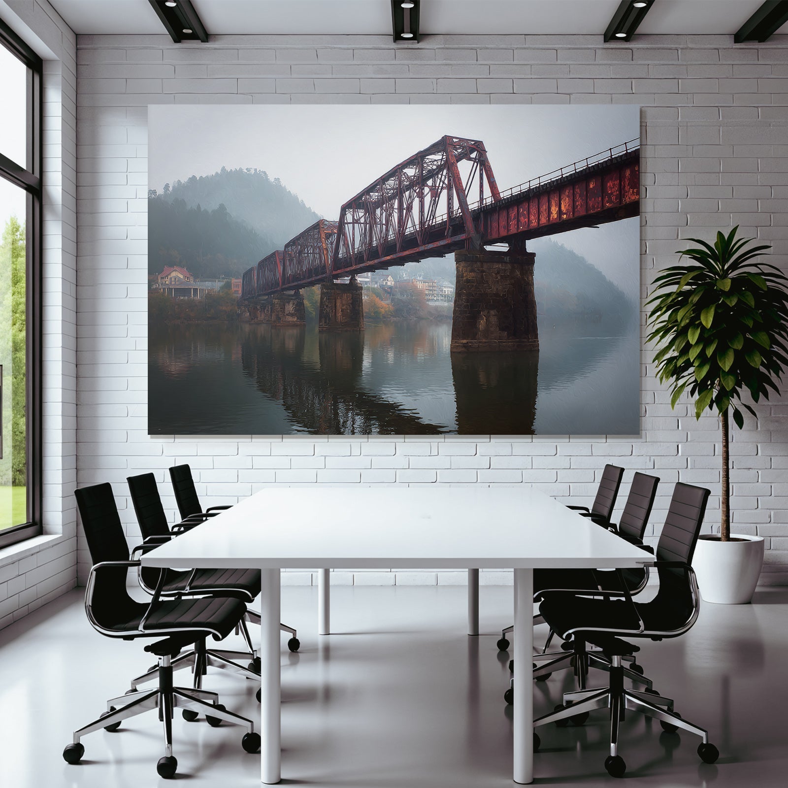 Rote Eisenbahnbrücke Im Morgennebel Mit Hügeln Und Spiegelung